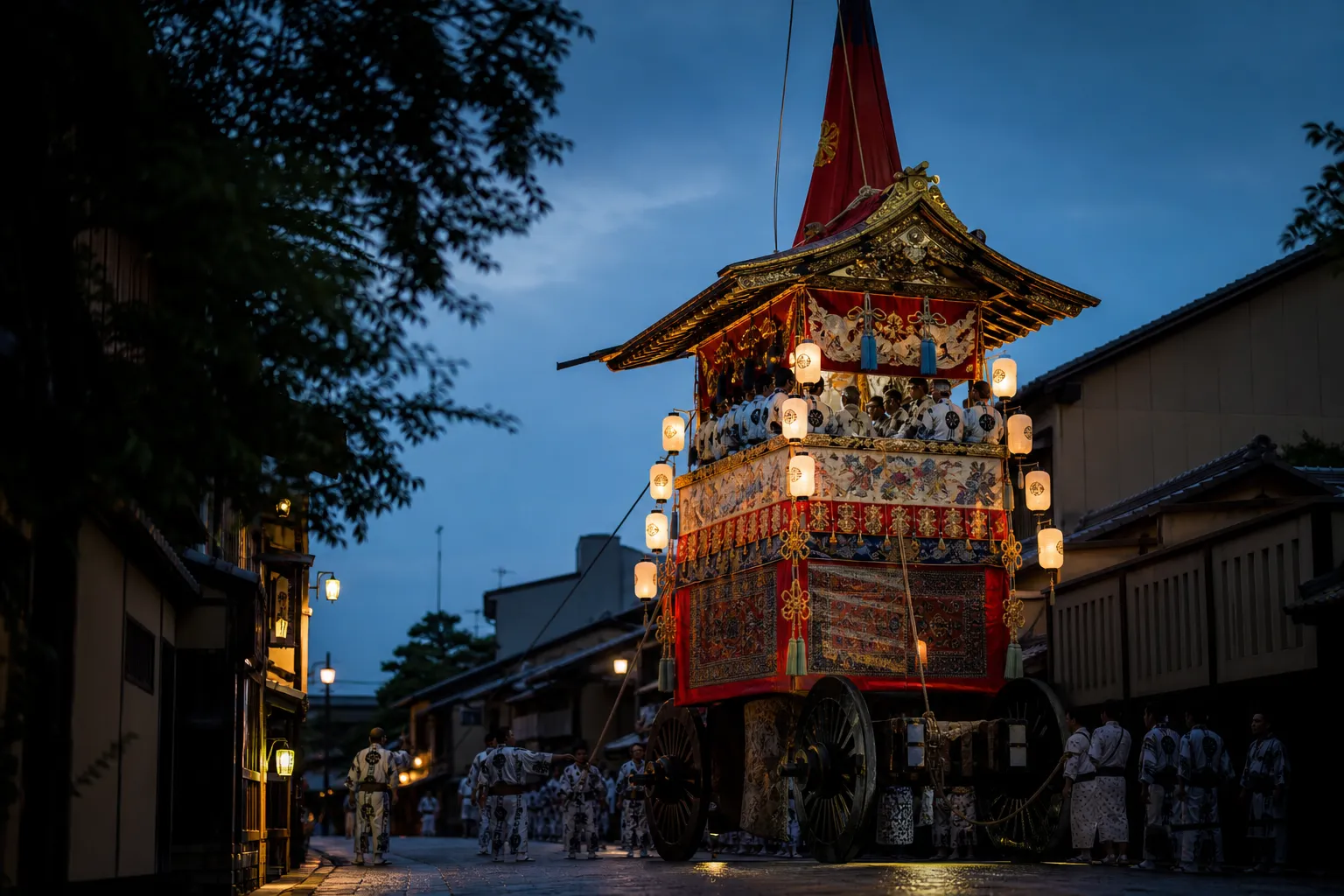 the towering yamaboko floats of Kyoto's Gion Matsuri, draped in ornate textiles and lacquerwork, rolling through a Kyoto street at dusk