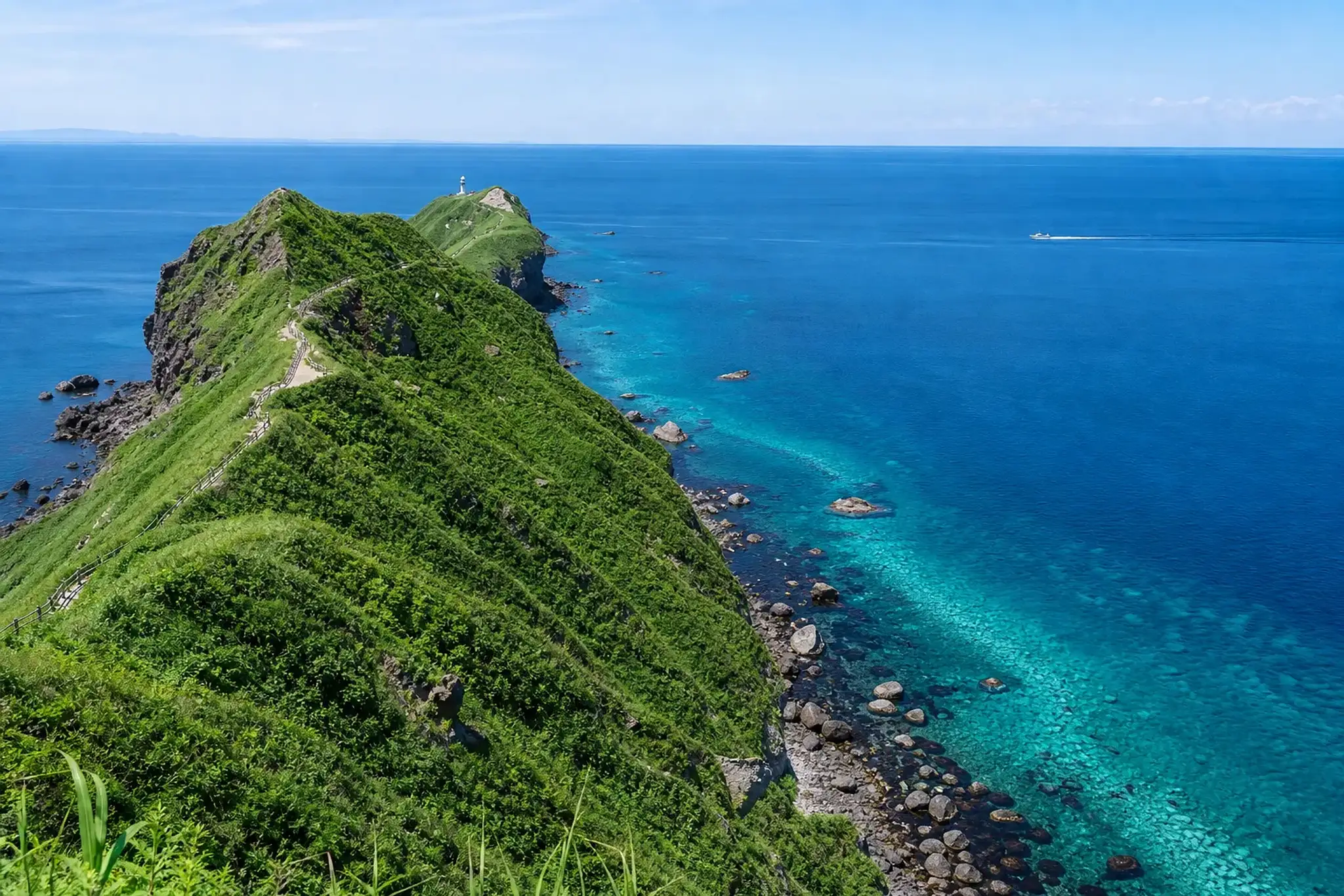 The cobalt blue coastline and cliffs of the Shakotan Peninsula in Hokkaido in summer