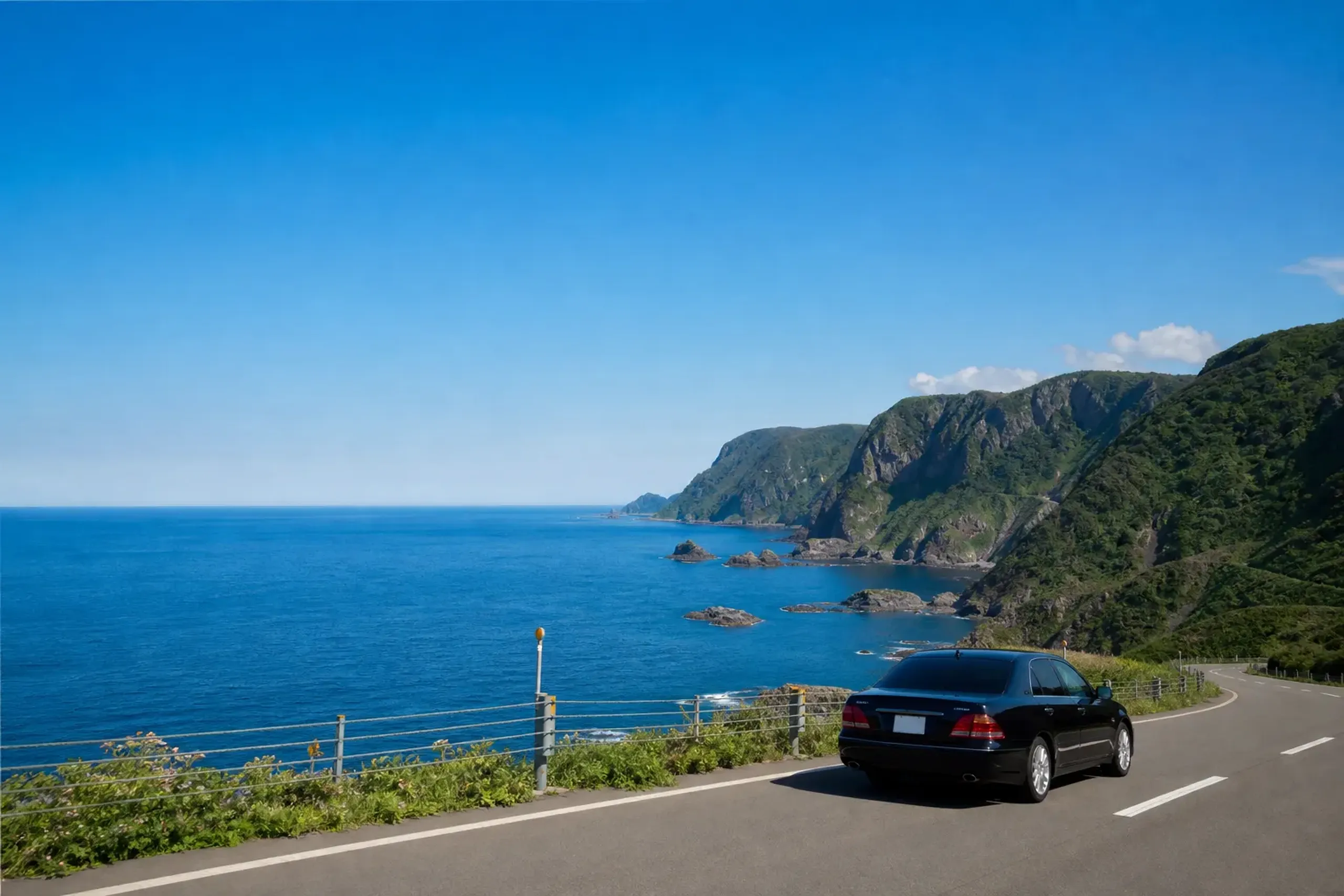 Luxury chauffeured vehicle on the scenic coastal road to the Shakotan Peninsula