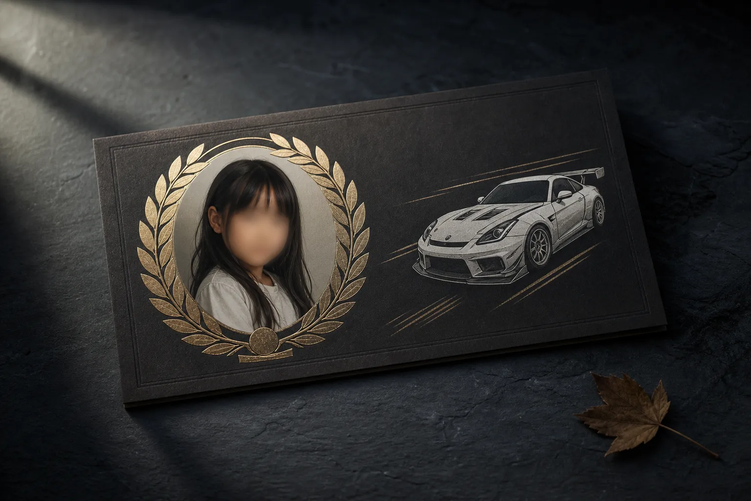 Driving certificate layout showing a girl’s portrait in a gold laurel frame beside a white race car on a dark background.
