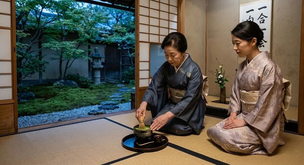 A close-up photo in a traditional tatami room shows a Japanese tea master whisking matcha, while a guest in kimono observes; a serene moss garden is visible outside through an open shoji screen under soft light.