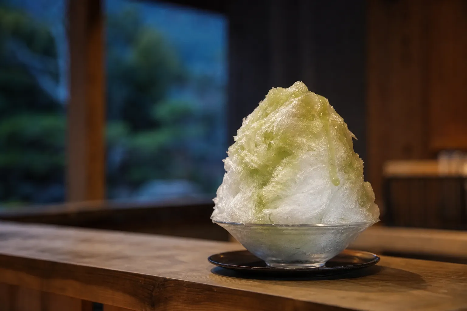 Gourmet kakigori with fine shaved ice and melon syrup in a glass bowl on a wooden counter