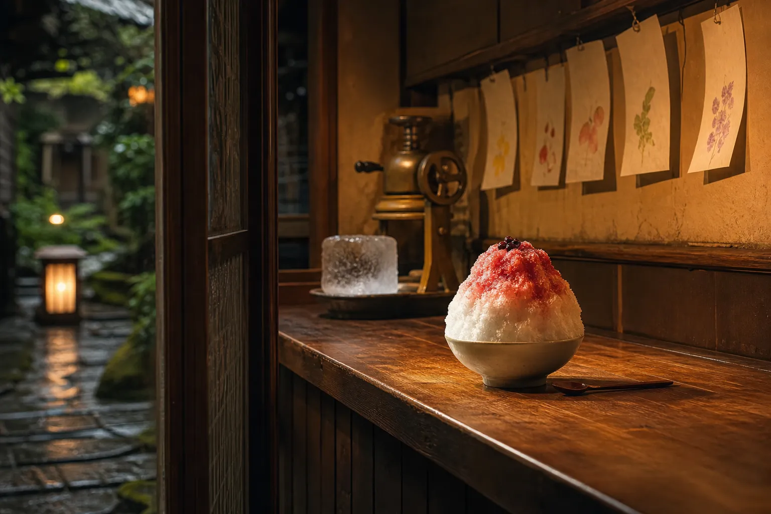Interior of a traditional kakigori specialty shop in Yanaka, Tokyo with wooden counter
