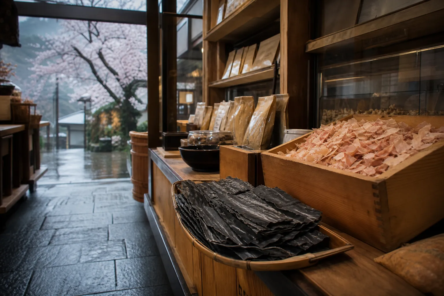 Traditional Kyoto dashi shop interior with kombu and bonito flakes displayed for tasting