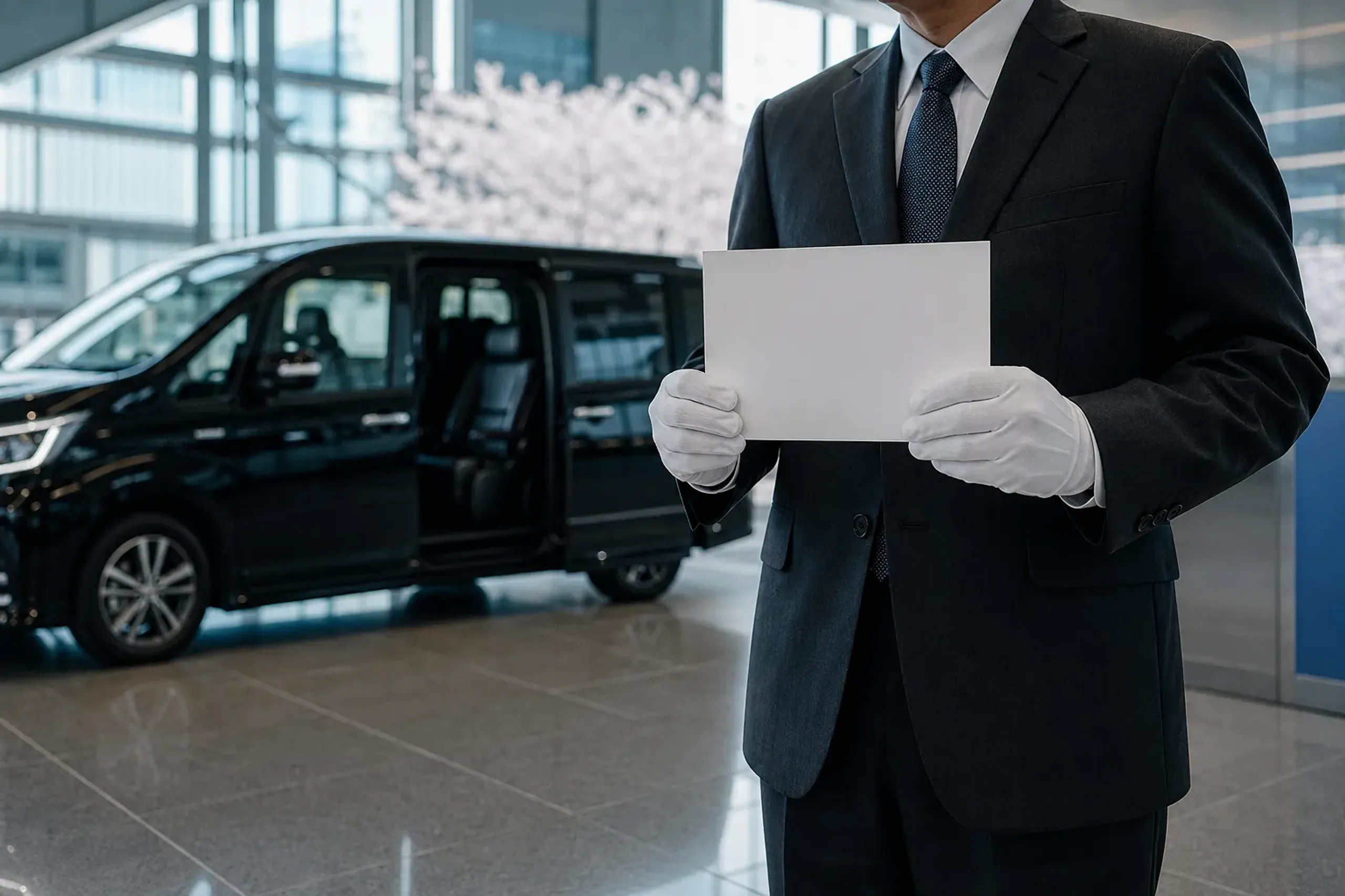 Chauffeur holding a name sign in a Tokyo airport arrival lobby beside a black luxury minivan