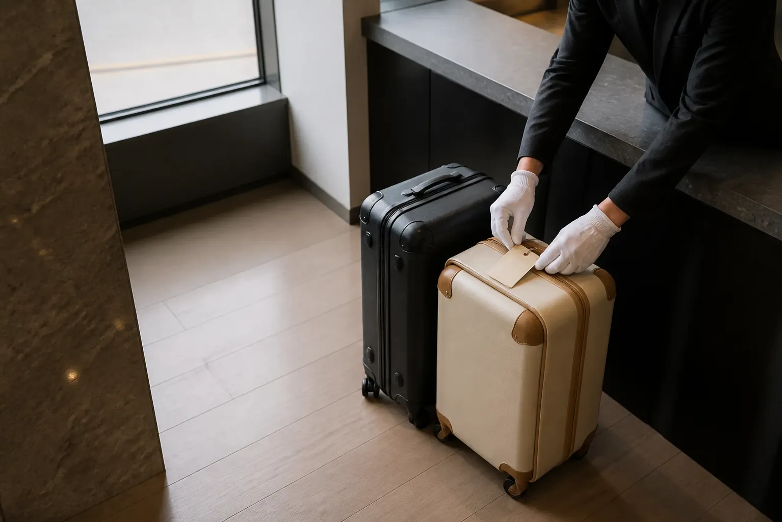 Premium suitcases at an airport luggage forwarding counter in Japan with staff assisting