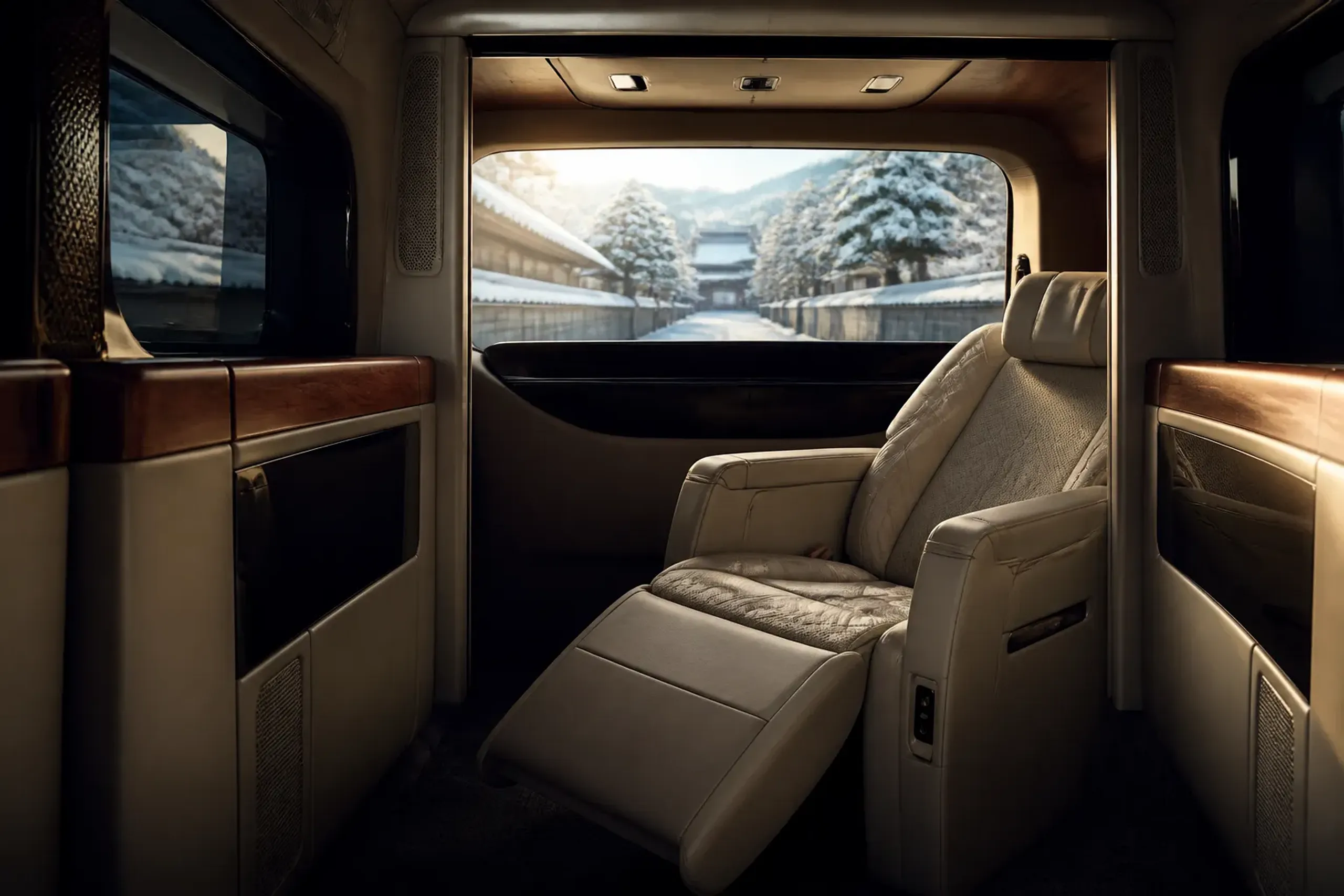 Interior of a Lexus LM 500 minivan with reclining lounge seats and wood trim