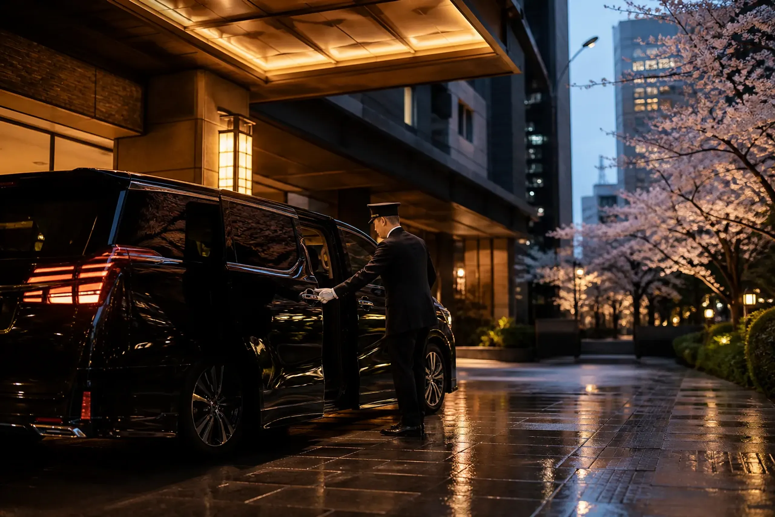 Black luxury minivan arriving at an upscale Tokyo hotel driveway in Marunouchi at evening