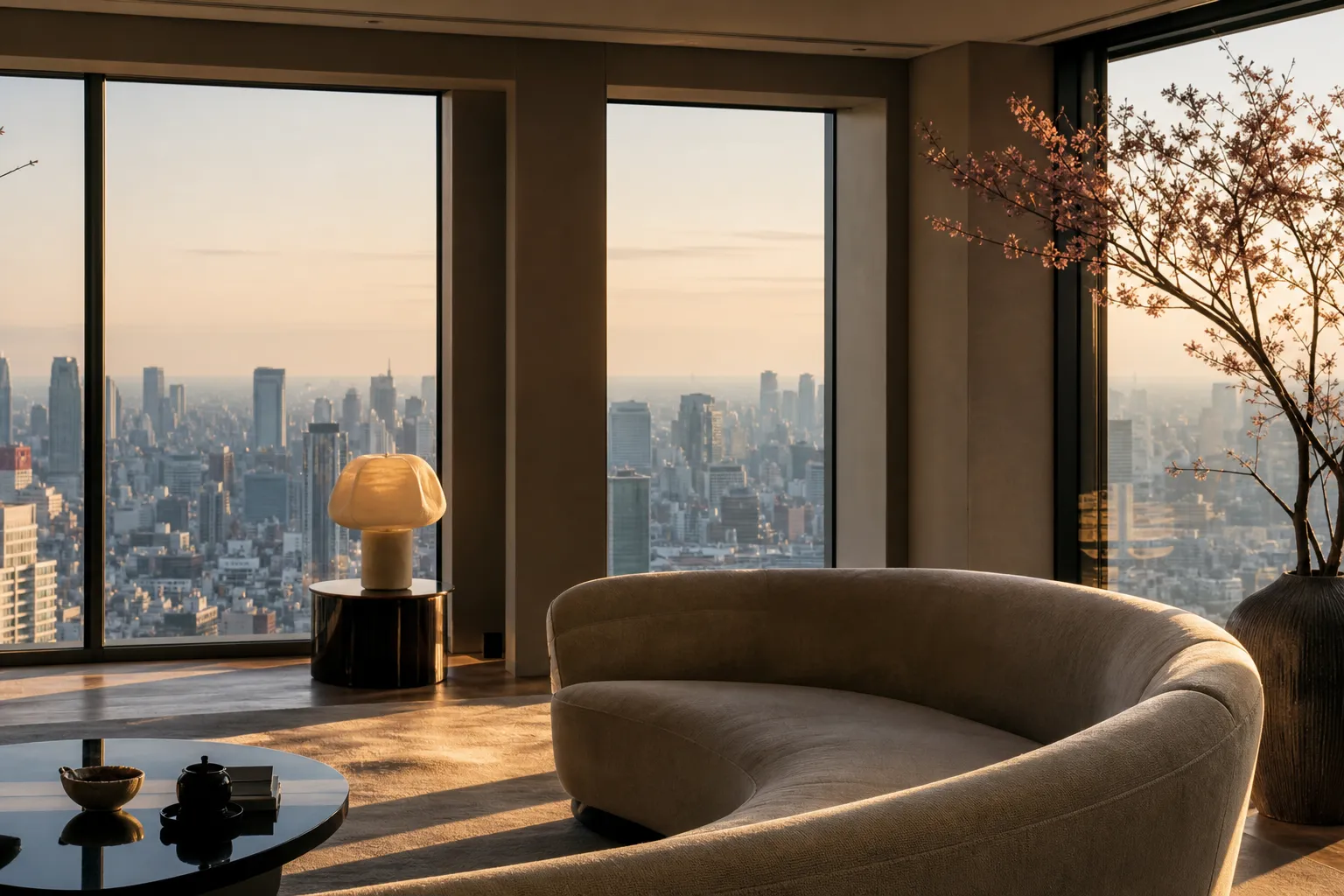 The Bvlgari Suite living room at Bulgari Hotel Tokyo featuring panoramic city views and Italian Luxury design