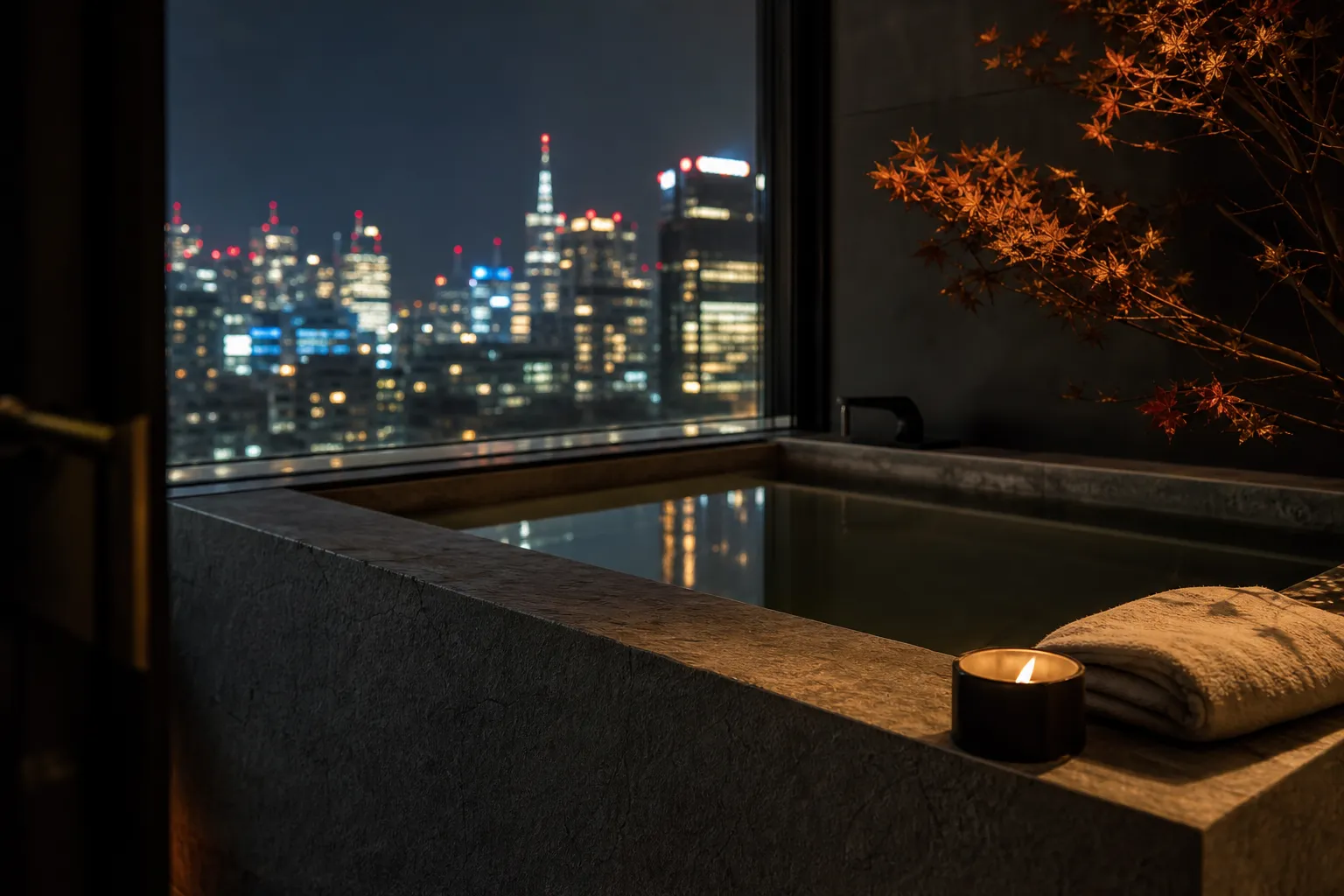 Luxury stone bathtub in The Bvlgari Suite bathroom with Tokyo night skyline view