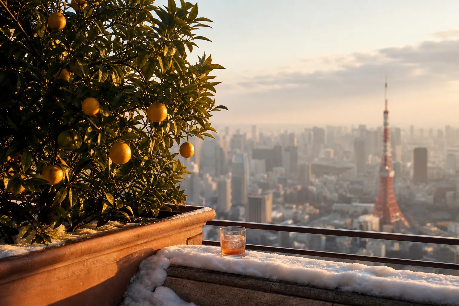 Outdoor terrace at The Bvlgari Bar Tokyo with citrus trees and city views.