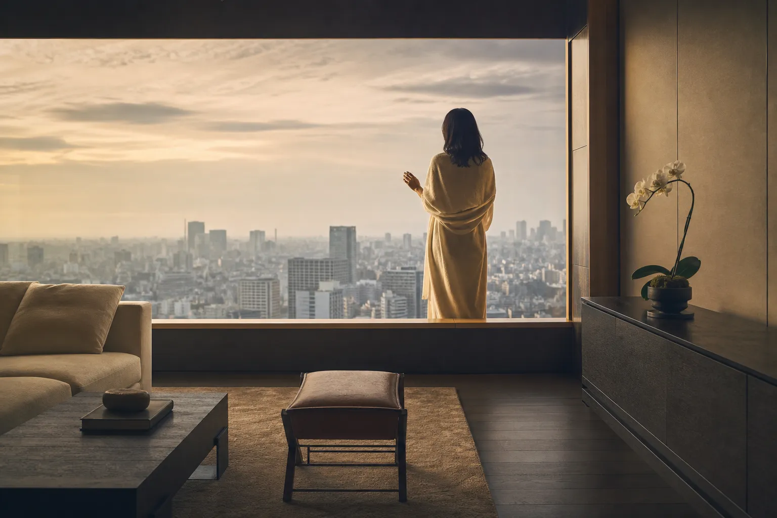 Elegant traveler enjoying a quiet moment in the Bvlgari Suite Tokyo.