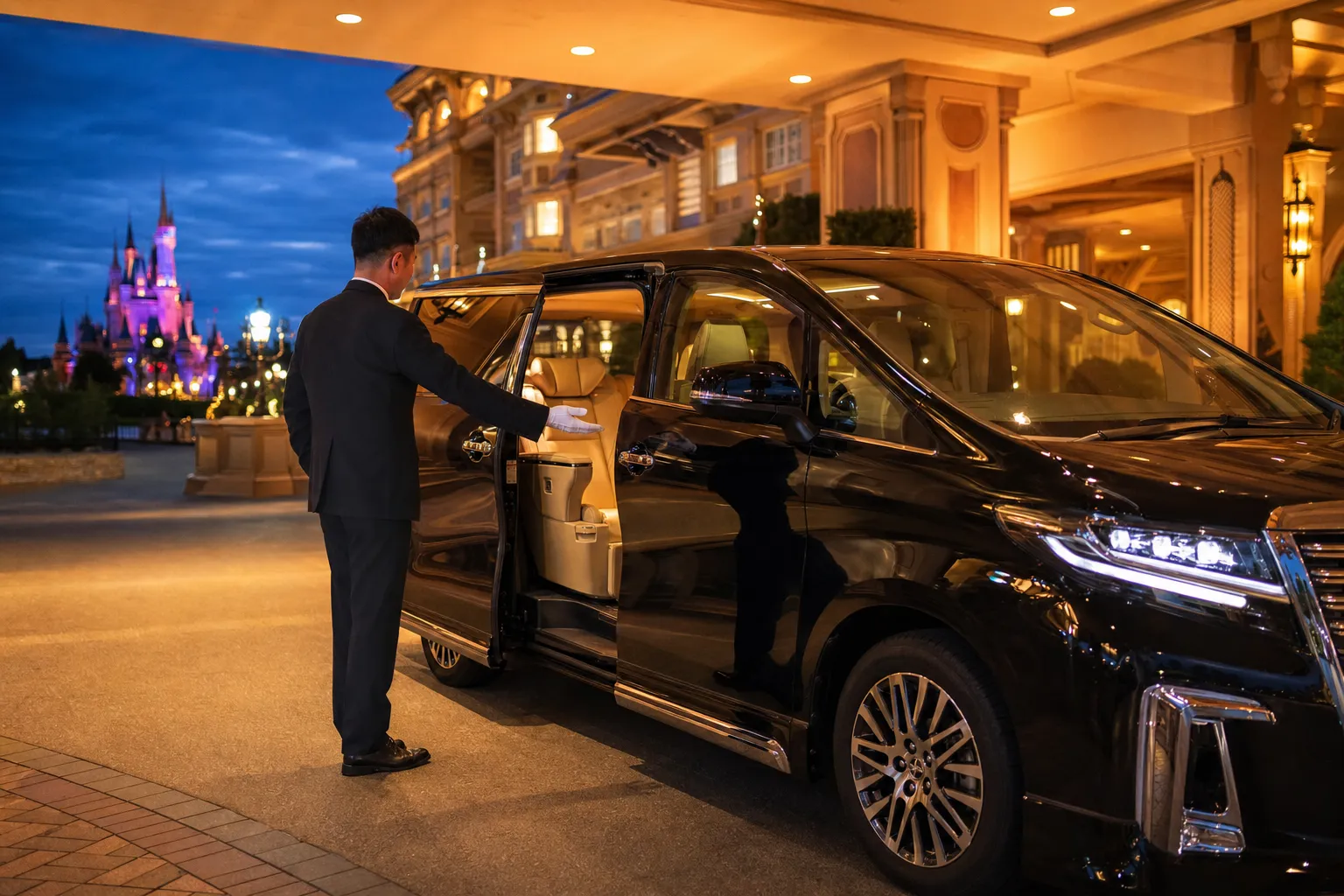 Chauffeur opening the door of a luxury minivan at a Tokyo hotel entrance