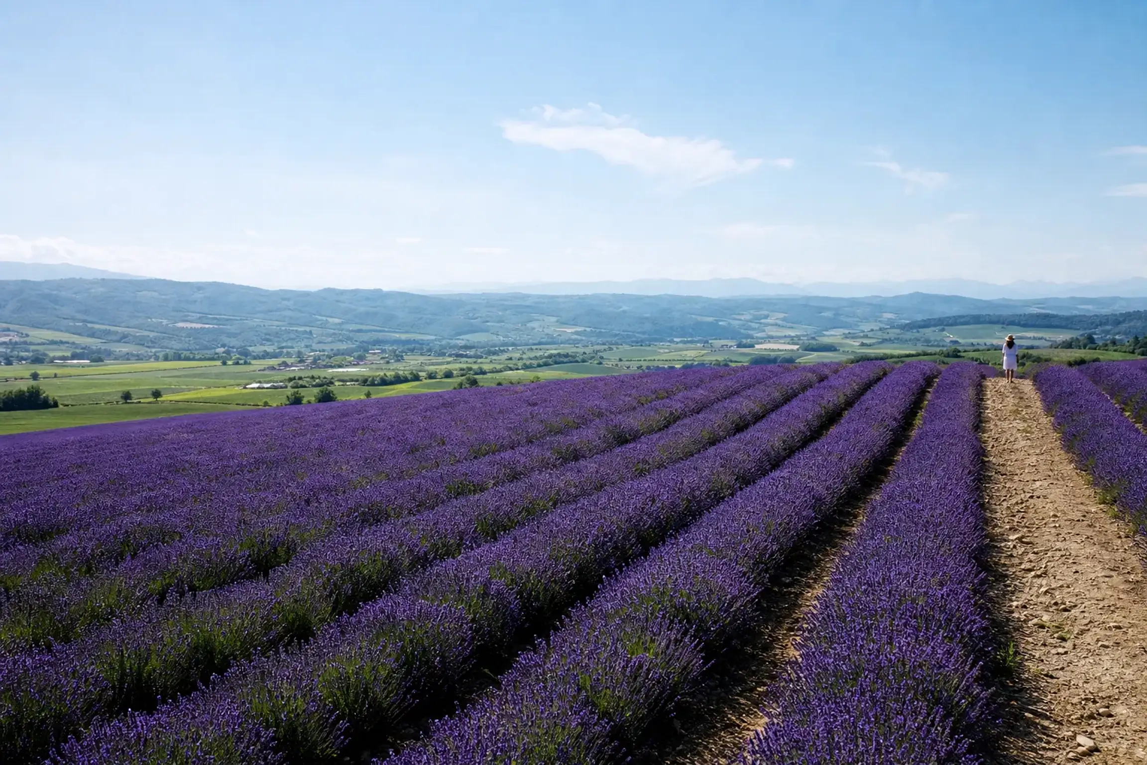 Lavender fields in Furano, Hokkaido with rows leading toward distant hills