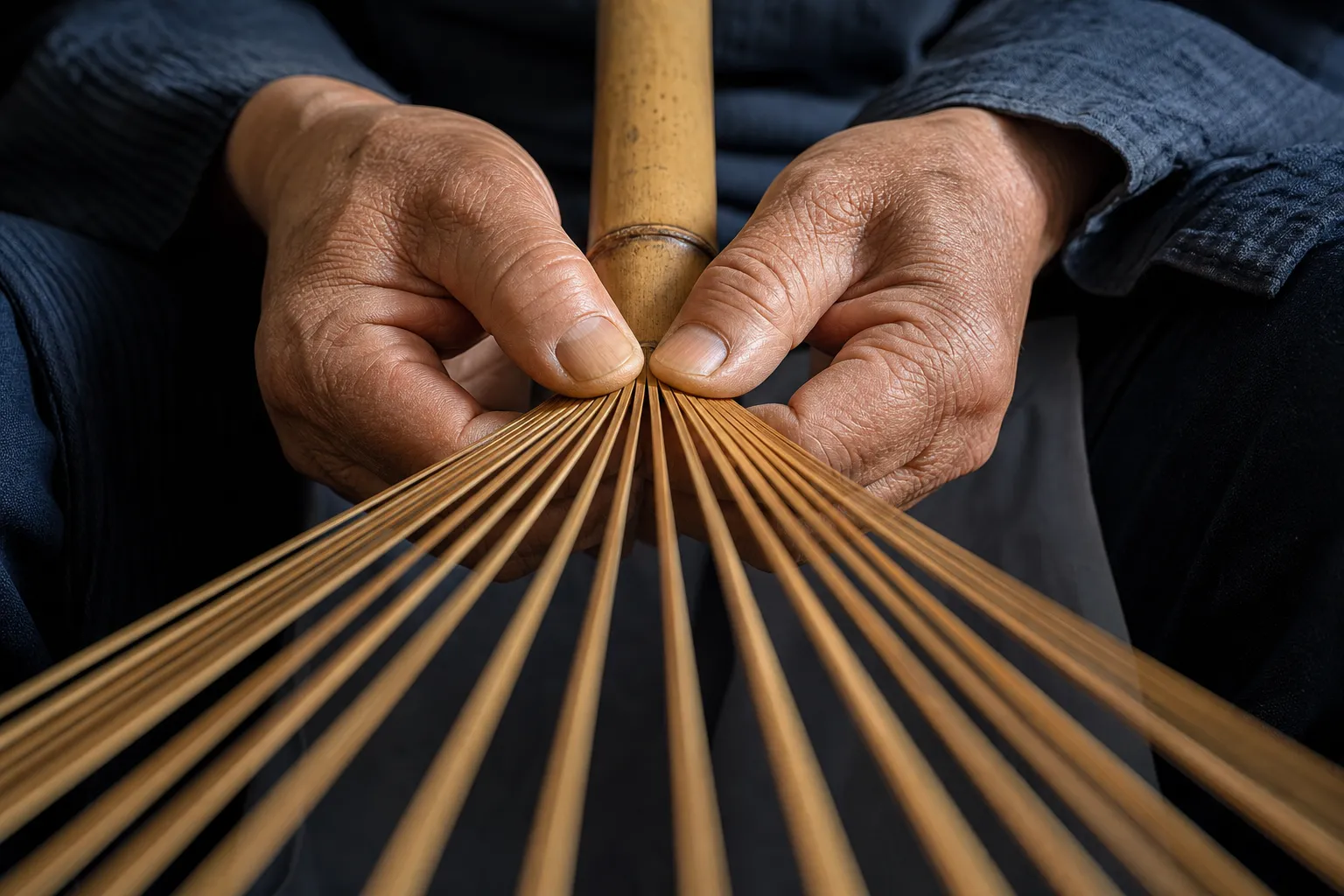 Artisan hands splitting bamboo into fine ribs for a traditional Marugame uchiwa fan