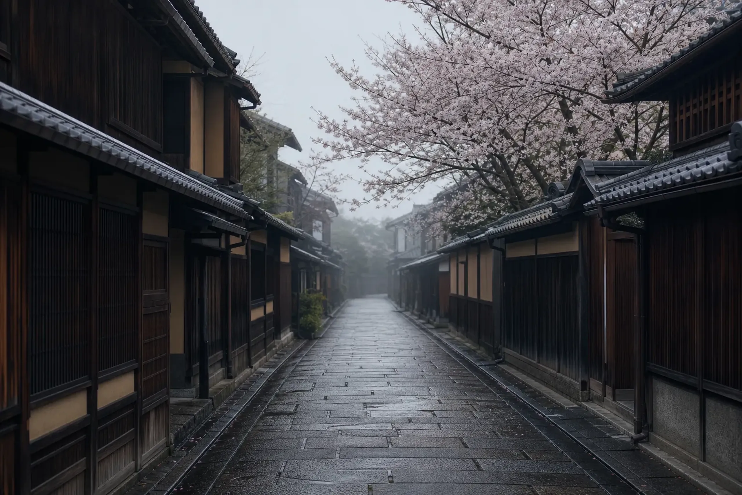 Quiet stone-paved Kyoto lane with traditional wooden buildings in soft morning light