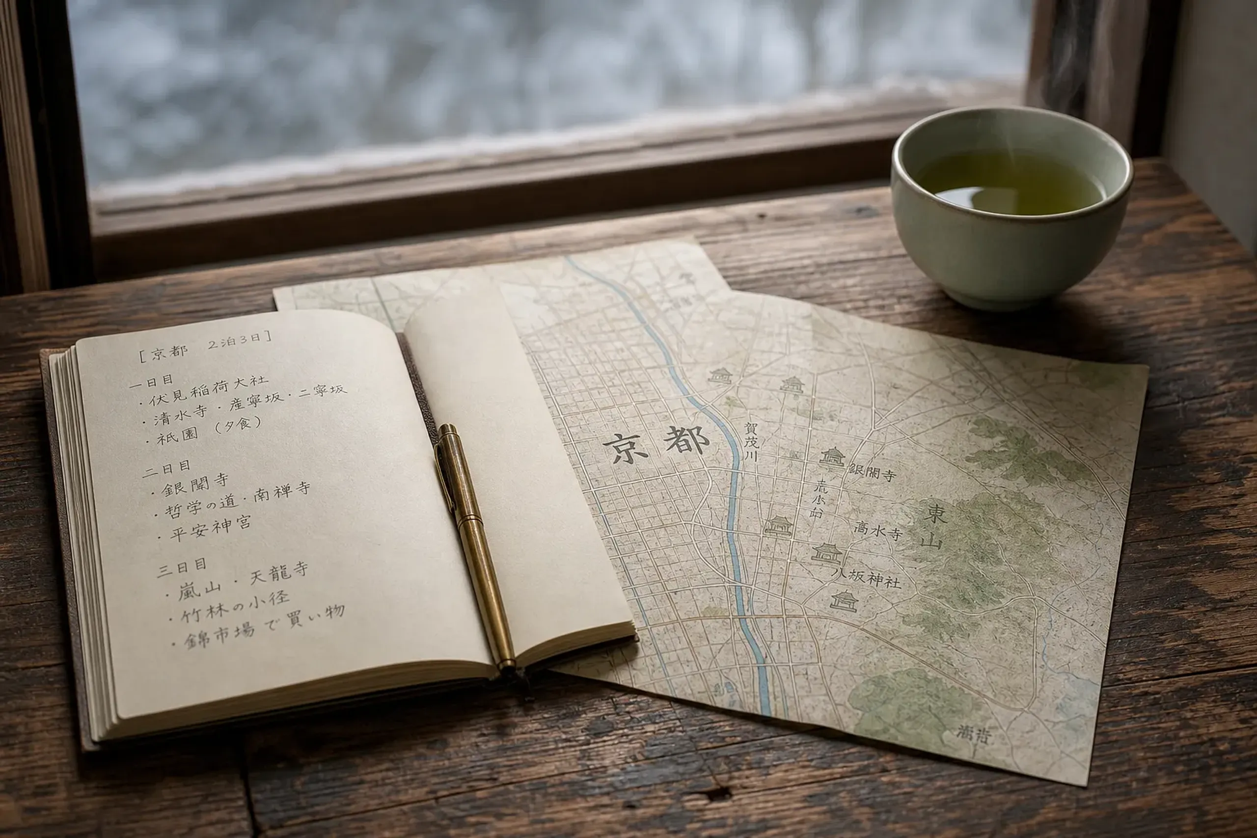 Travel notebook and Kyoto map on a wooden table with a pen and tea in soft natural light