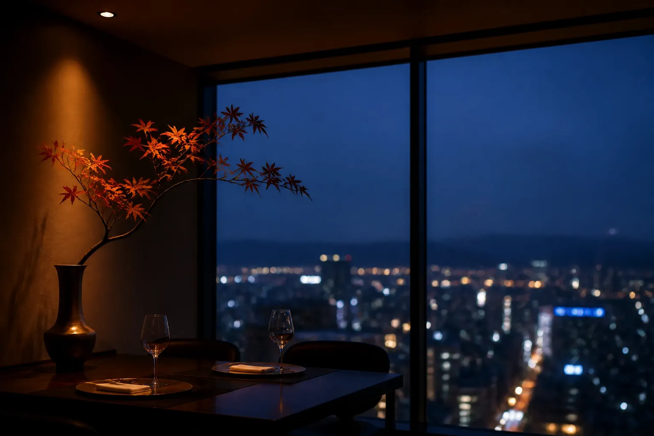 Elegant private dining space in a Sapporo luxury hotel with autumn branch decor.