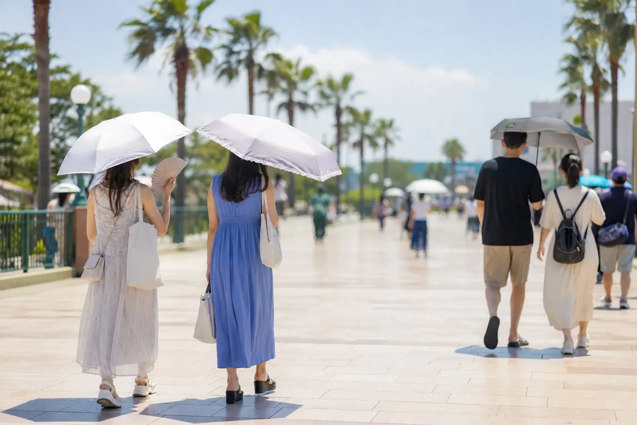 Visitors using fans and parasols against strong late-summer sun near Tokyo Bay