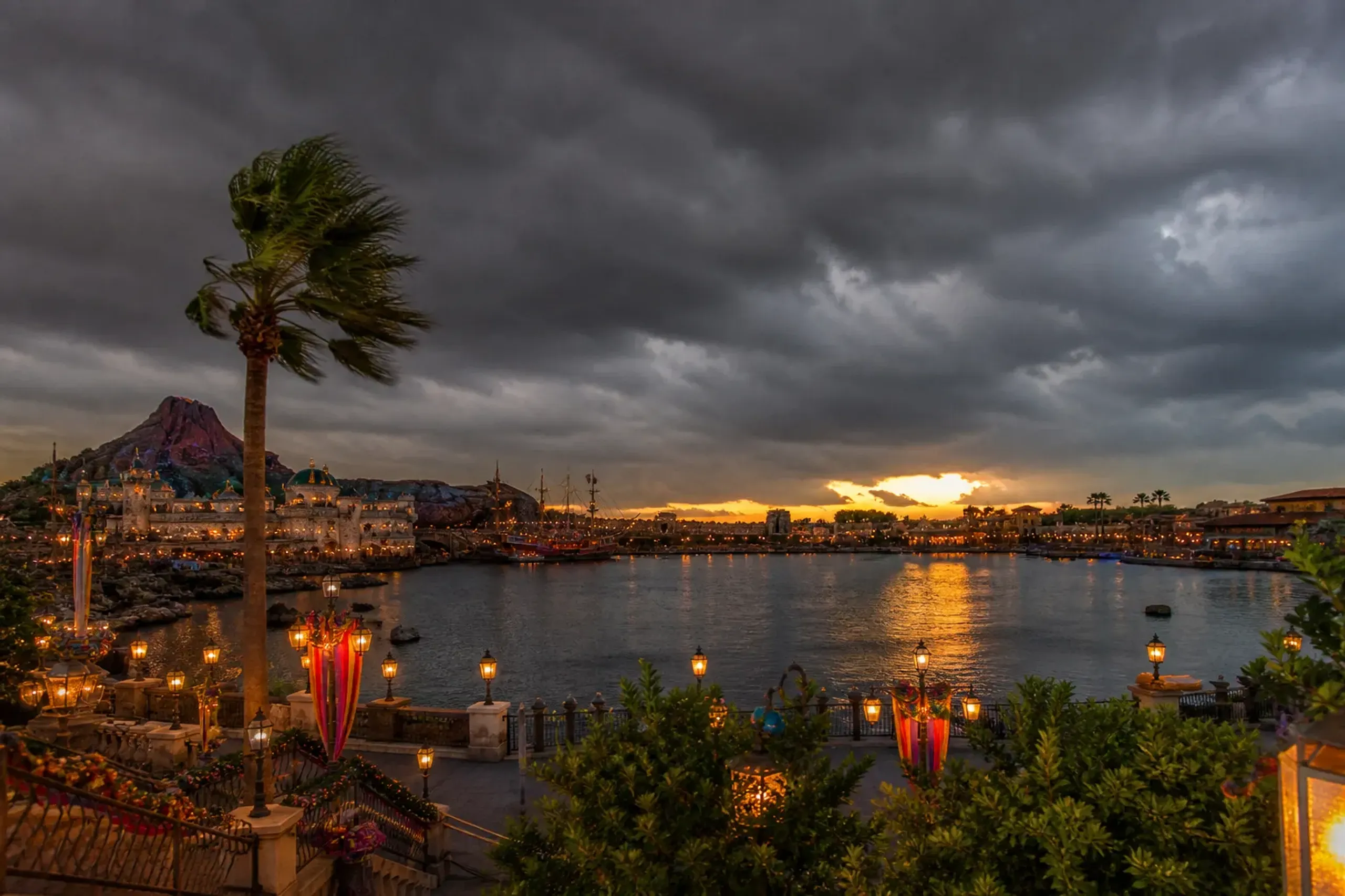 Storm clouds gathering over Tokyo Bay during typhoon season