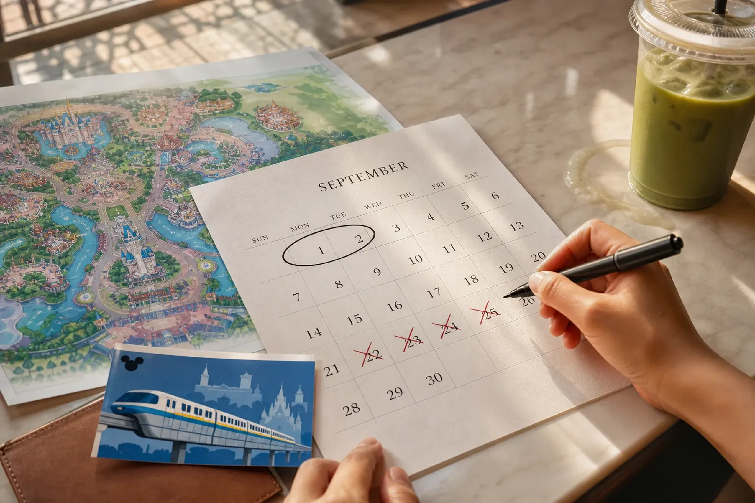 A hand marking recommended travel dates on a September itinerary for Tokyo