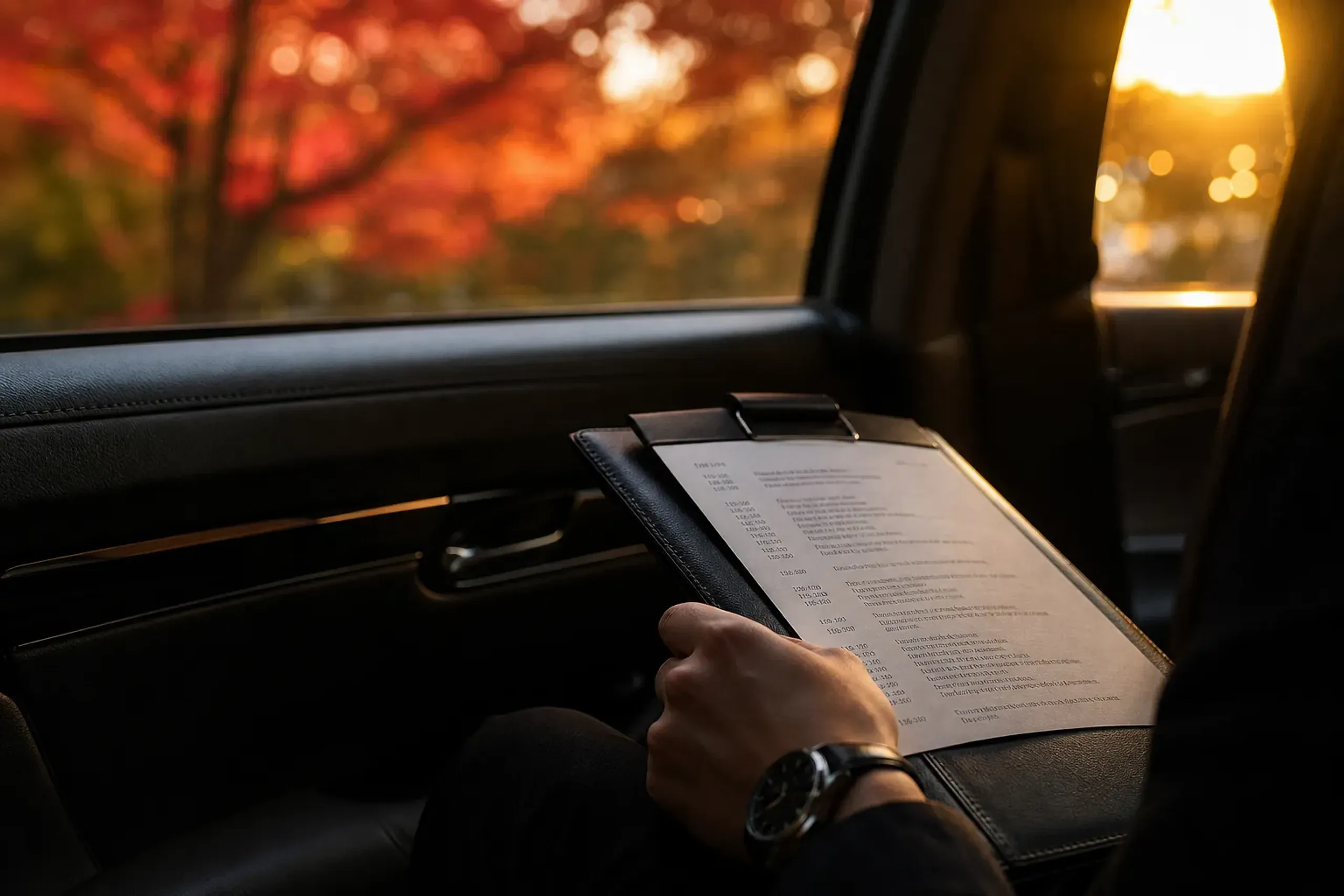 Rear cabin of a chauffeur-driven luxury vehicle with a printed schedule, suggesting punctual routing and preparation