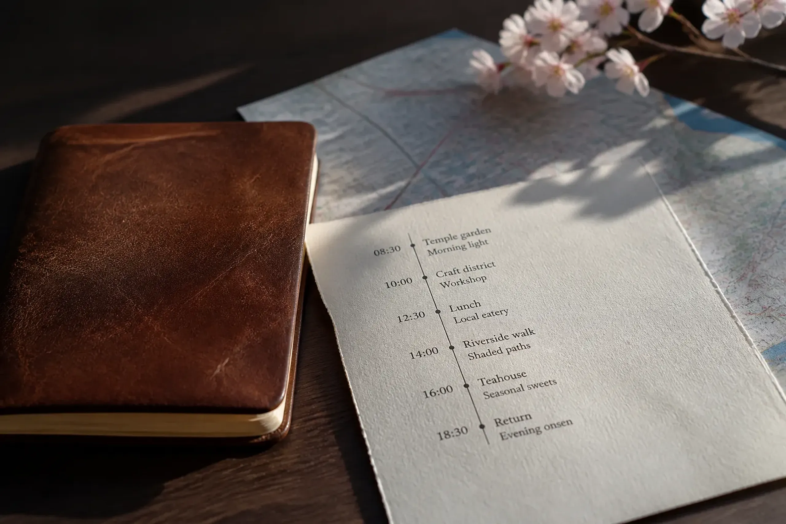 Minimal printed itinerary on a desk with a notebook and blurred map