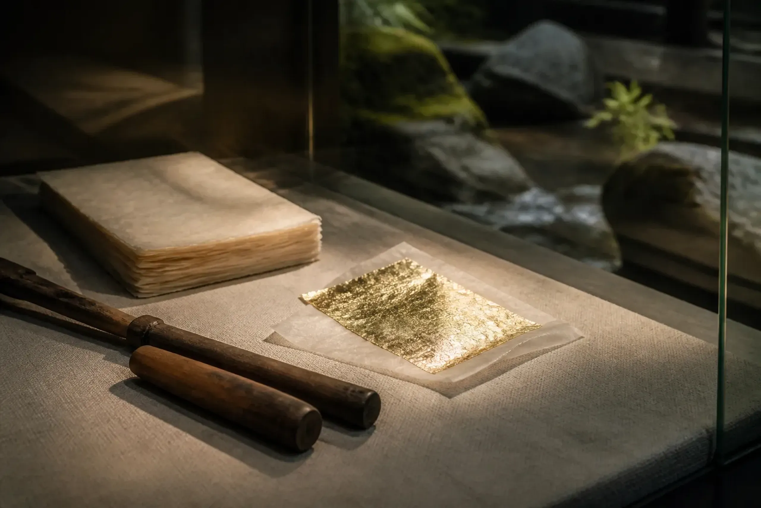 Gold leaf tools and materials displayed at Kanazawa City Yasue Gold Leaf Museum