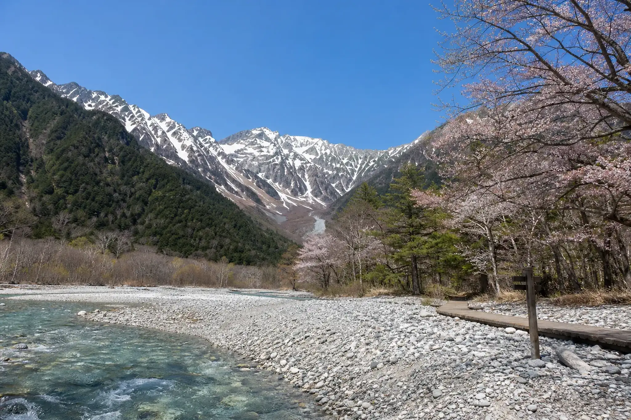 Alpine riverbed and mountain peaks in Kamikochi with managed visitor access and no private cars
