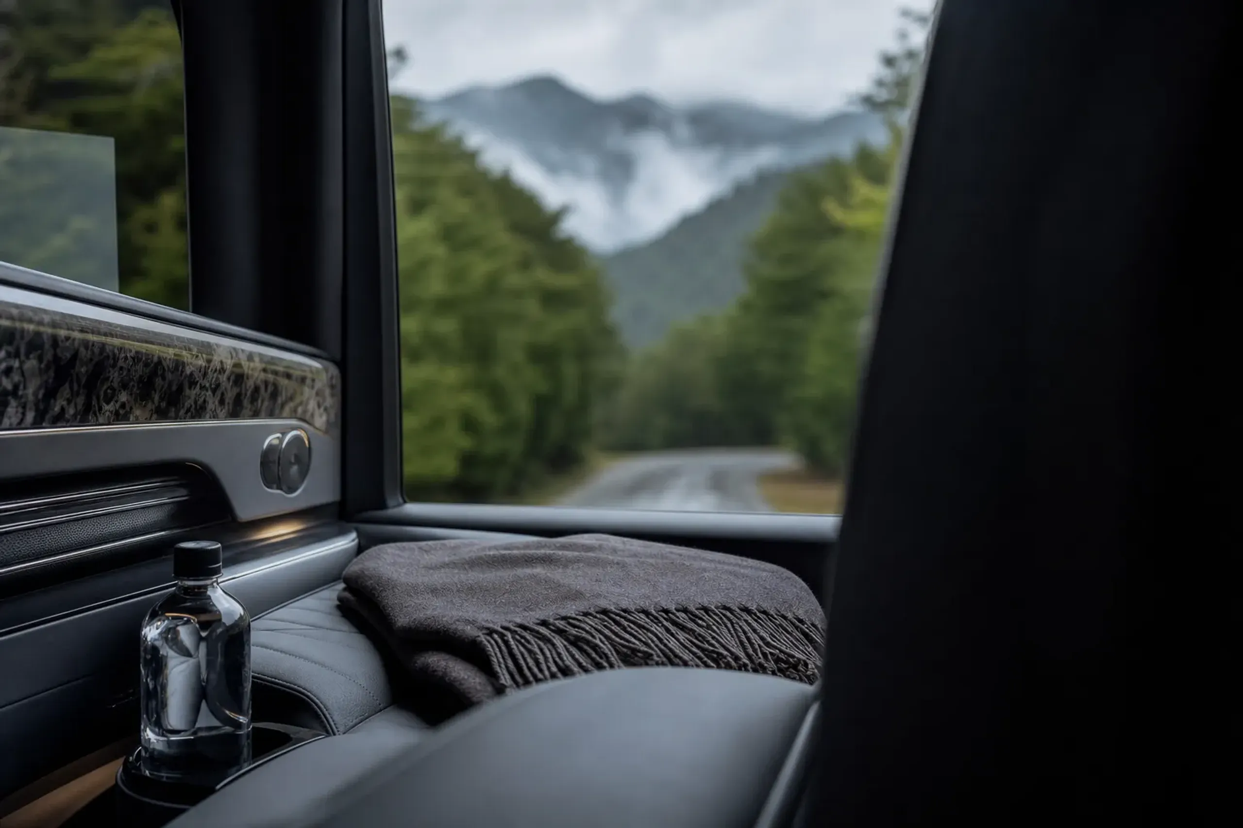 Luxury chauffeured vehicle interior with executive seating looking out onto a quiet mountain road