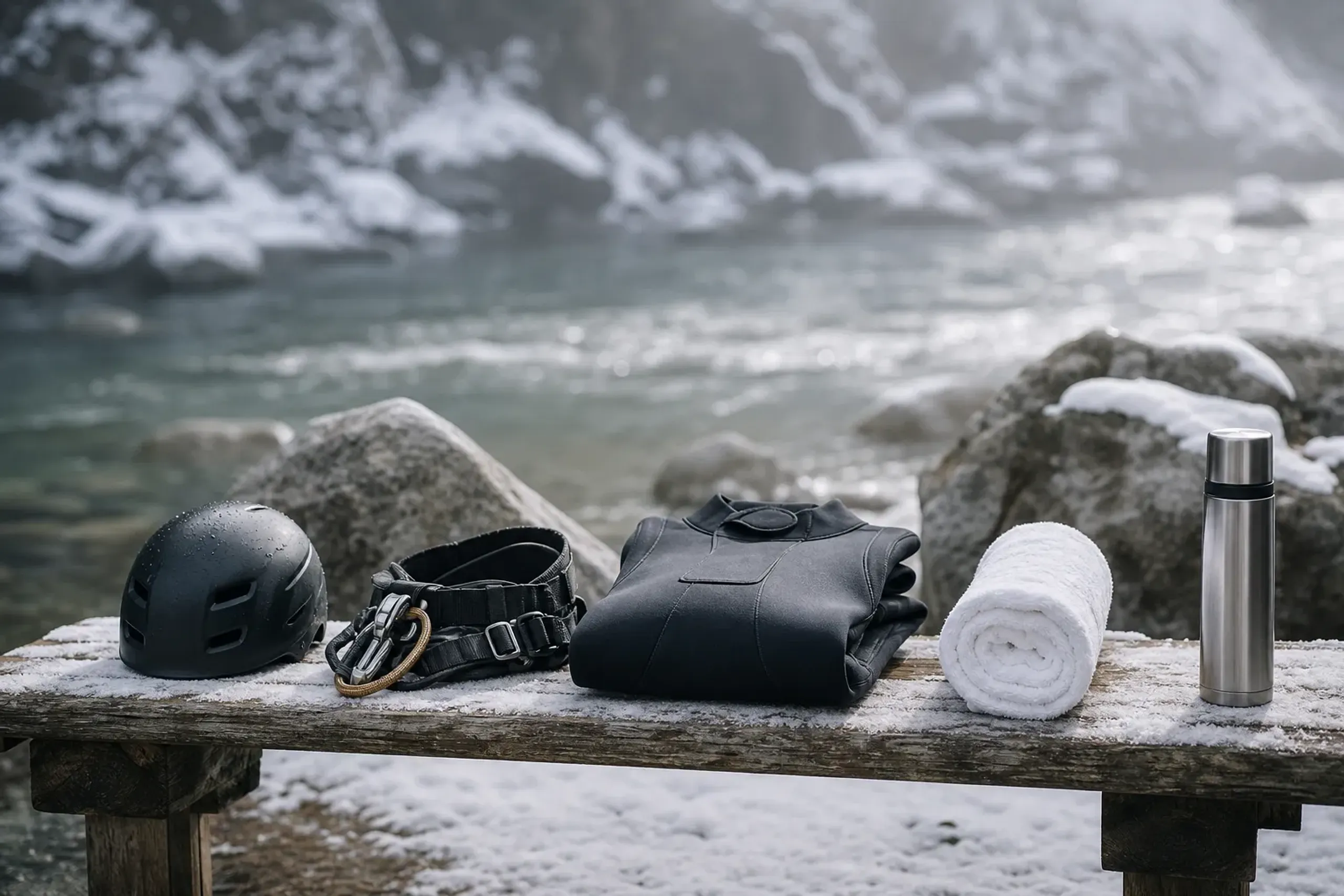 Neatly arranged canyoning helmet, harness, wetsuit, towel, and thermos on a bench near a river