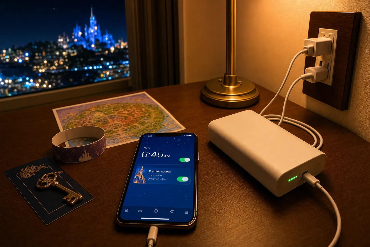 Smartphone charging next to a power bank on a hotel desk at night before a Tokyo Disney day