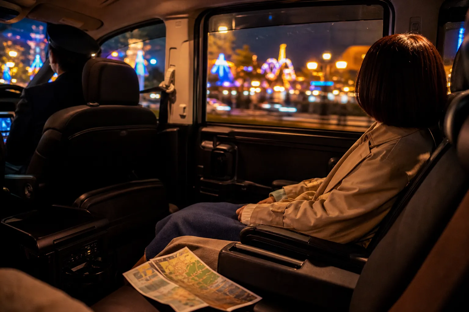 Chauffeured private minivan transfer in Tokyo at night with soft interior light