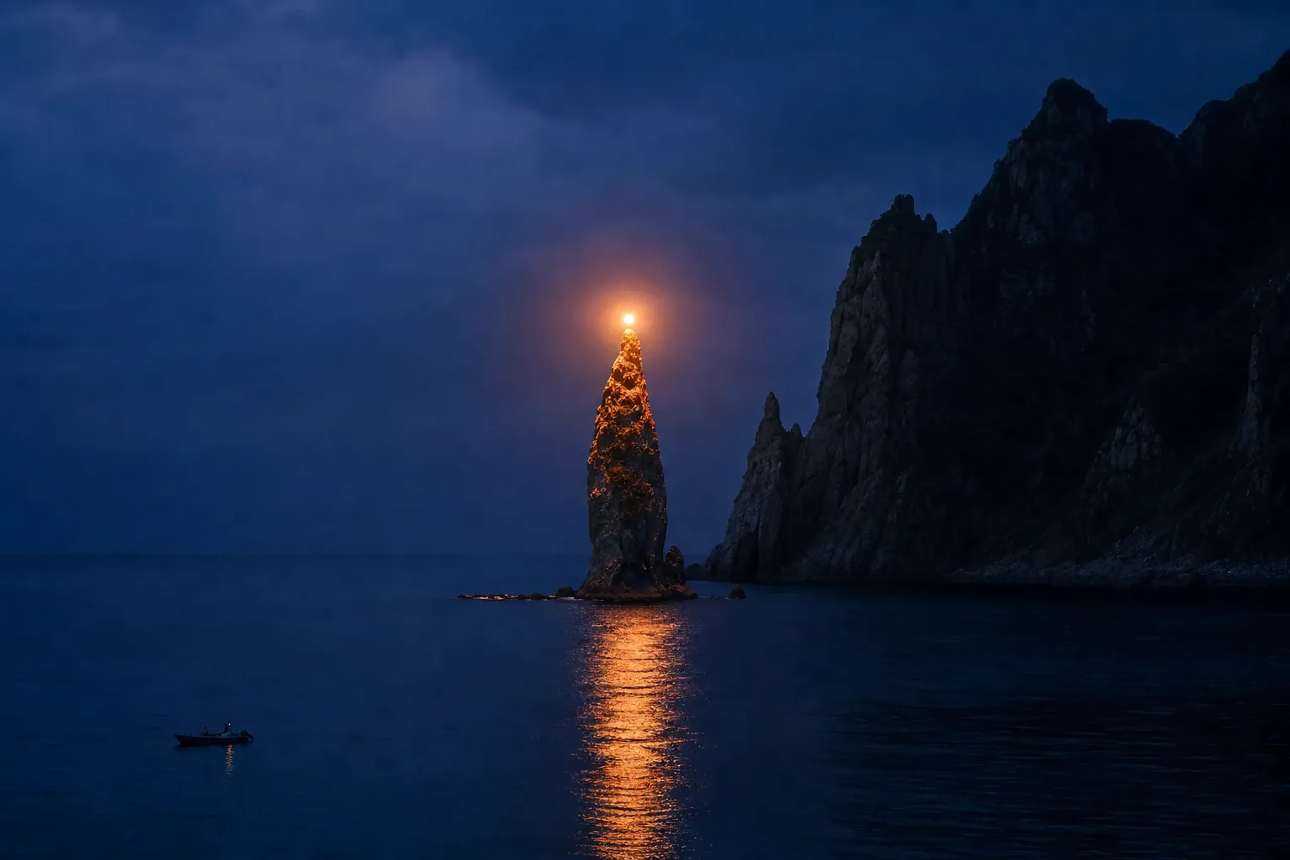 Rōsoku-jima Candle Island at sunset with the sun glowing behind the candle-shaped rock and reflections on the sea