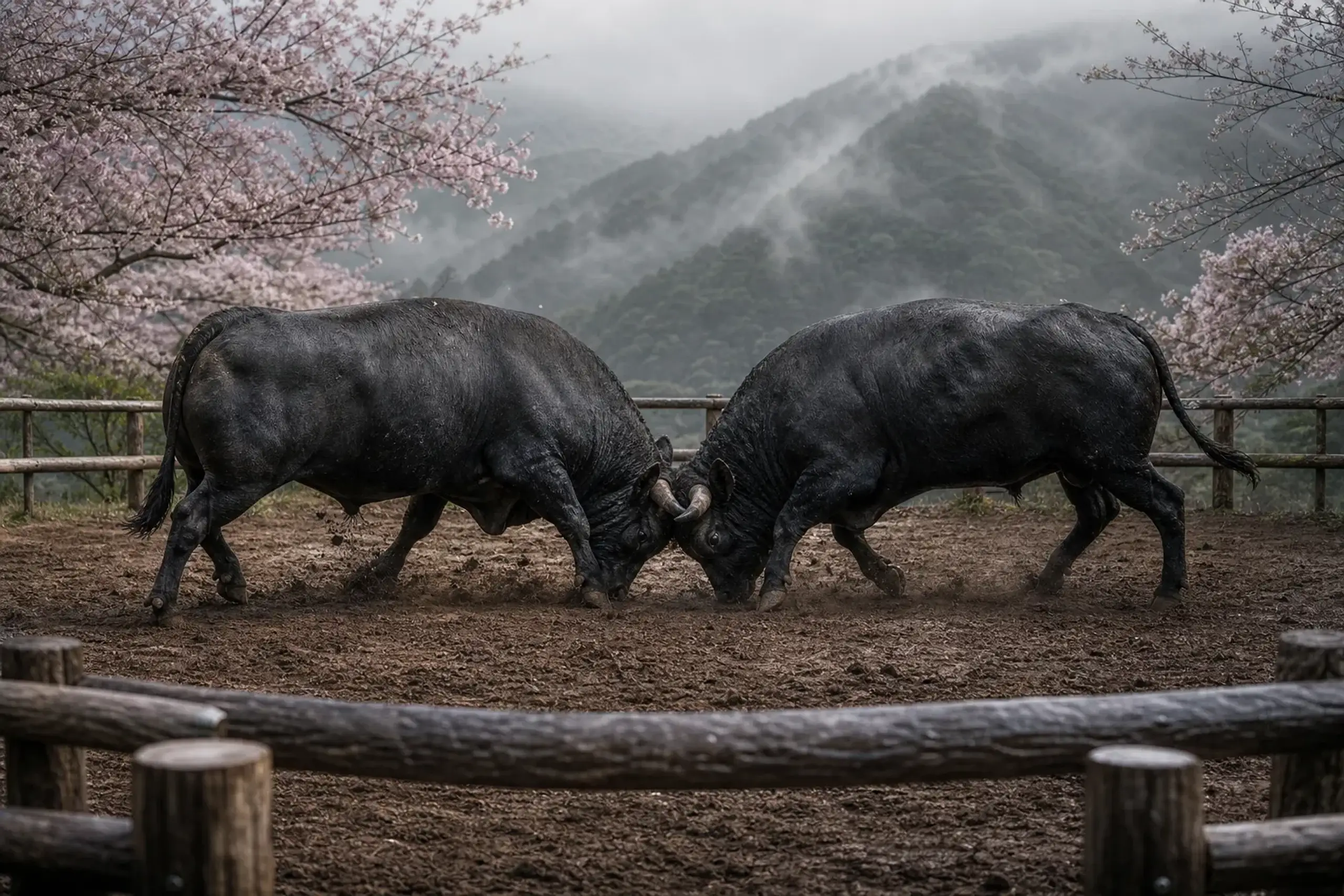 two massive locking-horned sumo bulls facing off in a dirt ring on Oki, their thick muscular shoulders straining against each other, traditional wooden ring barriers and windswept island hills behind