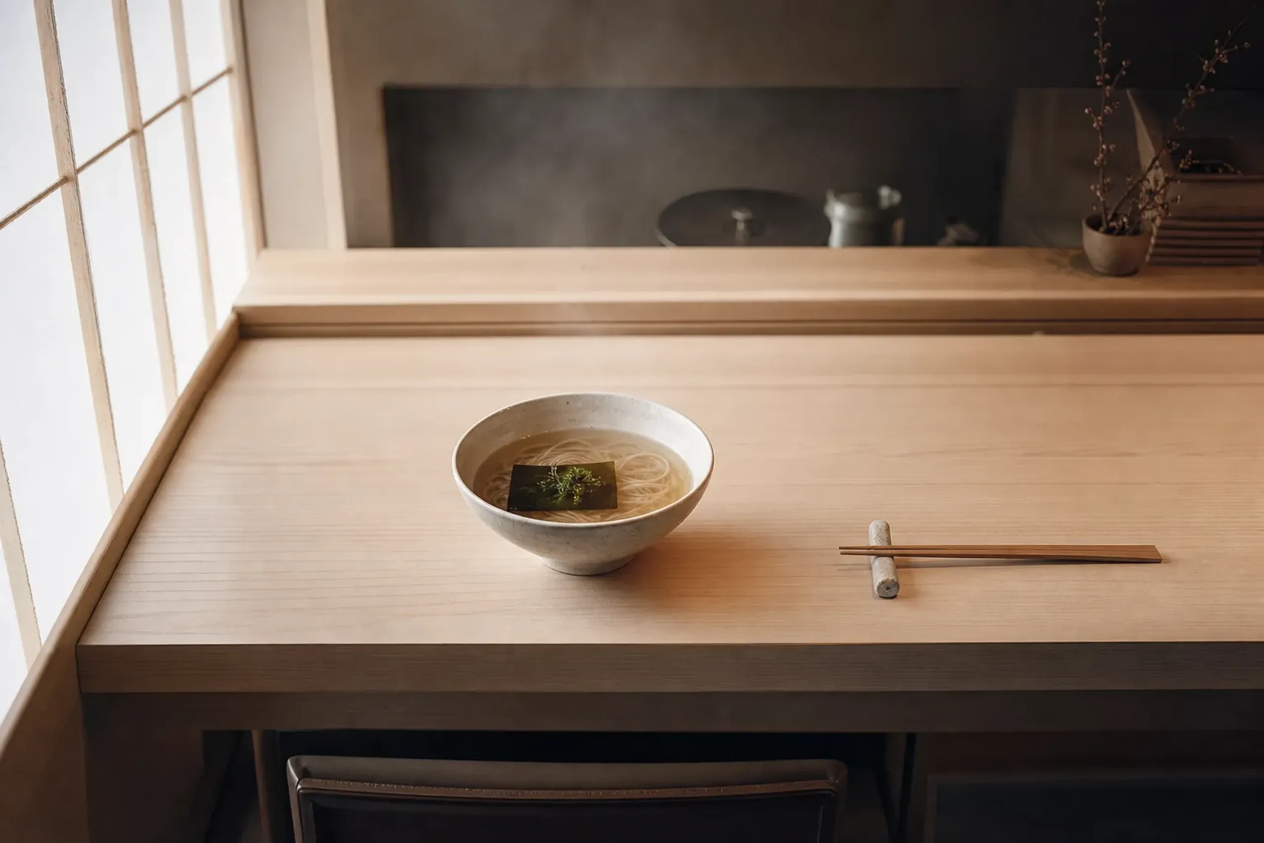 A ramen bowl served at a calm counter setting in Kyoto