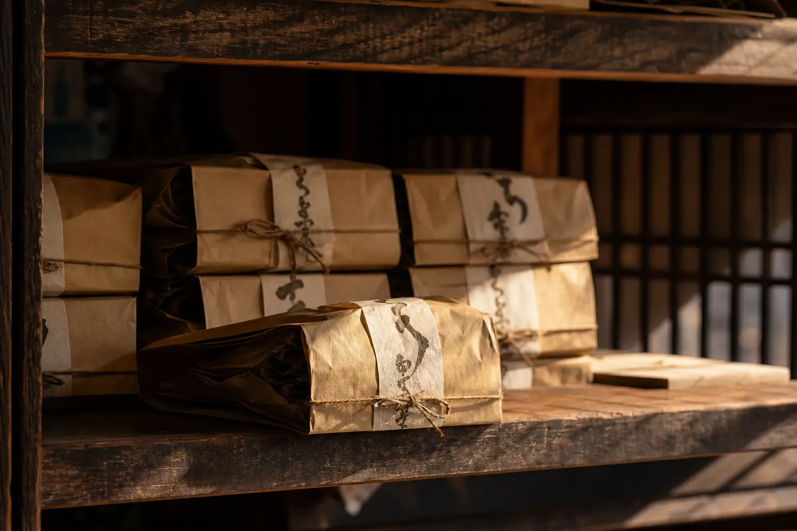 Packaged kombu products displayed on wooden shelves in a Kyoto shop
