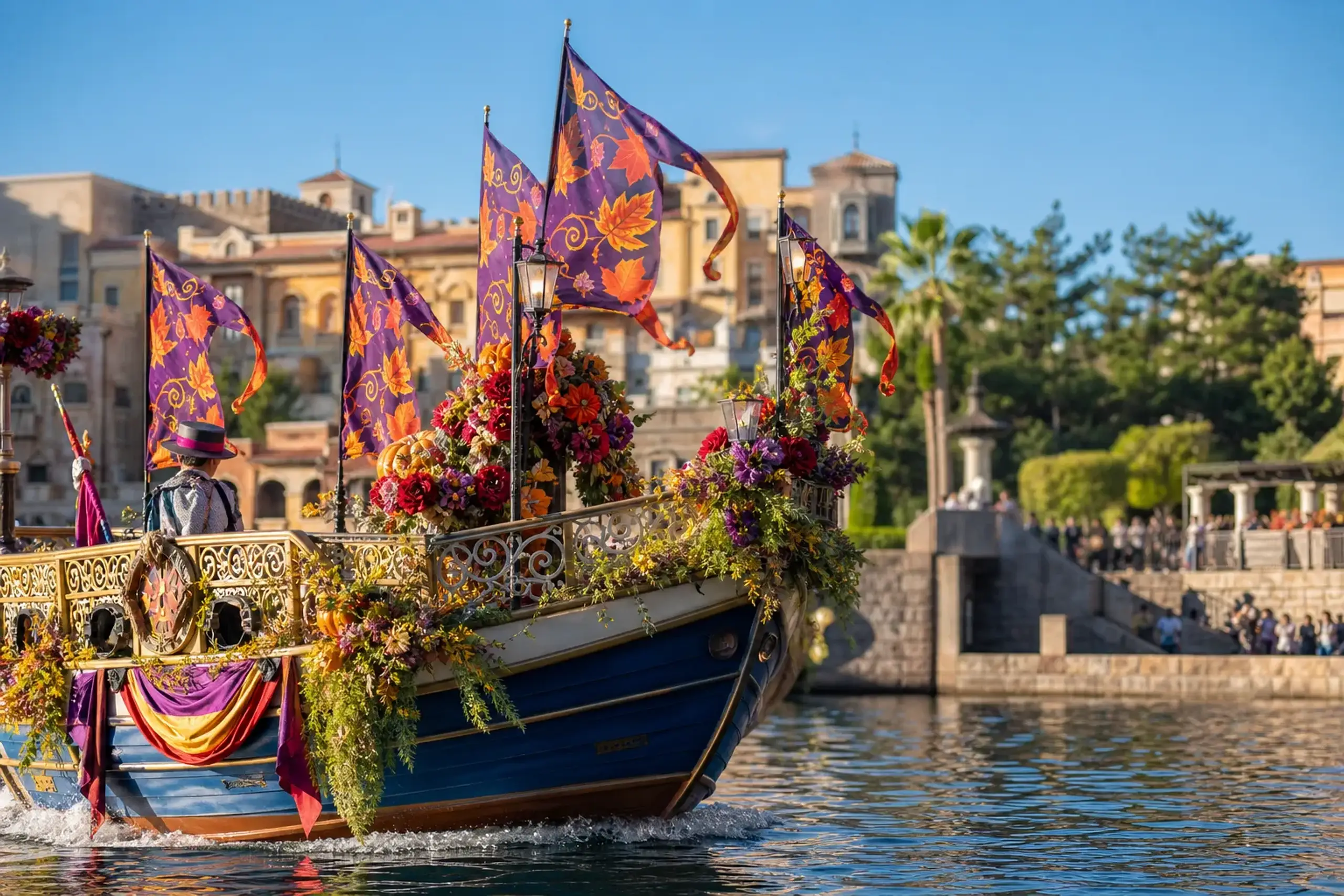 A decorated boat on calm harbour water during a short water greeting show at Tokyo DisneySea