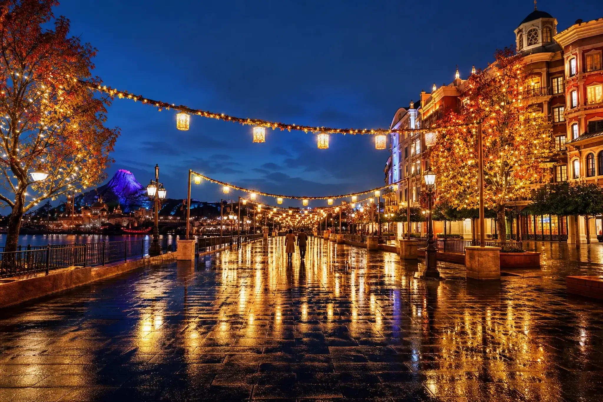 A near-empty theme park promenade in early November with soft late-autumn light and seasonal decorations