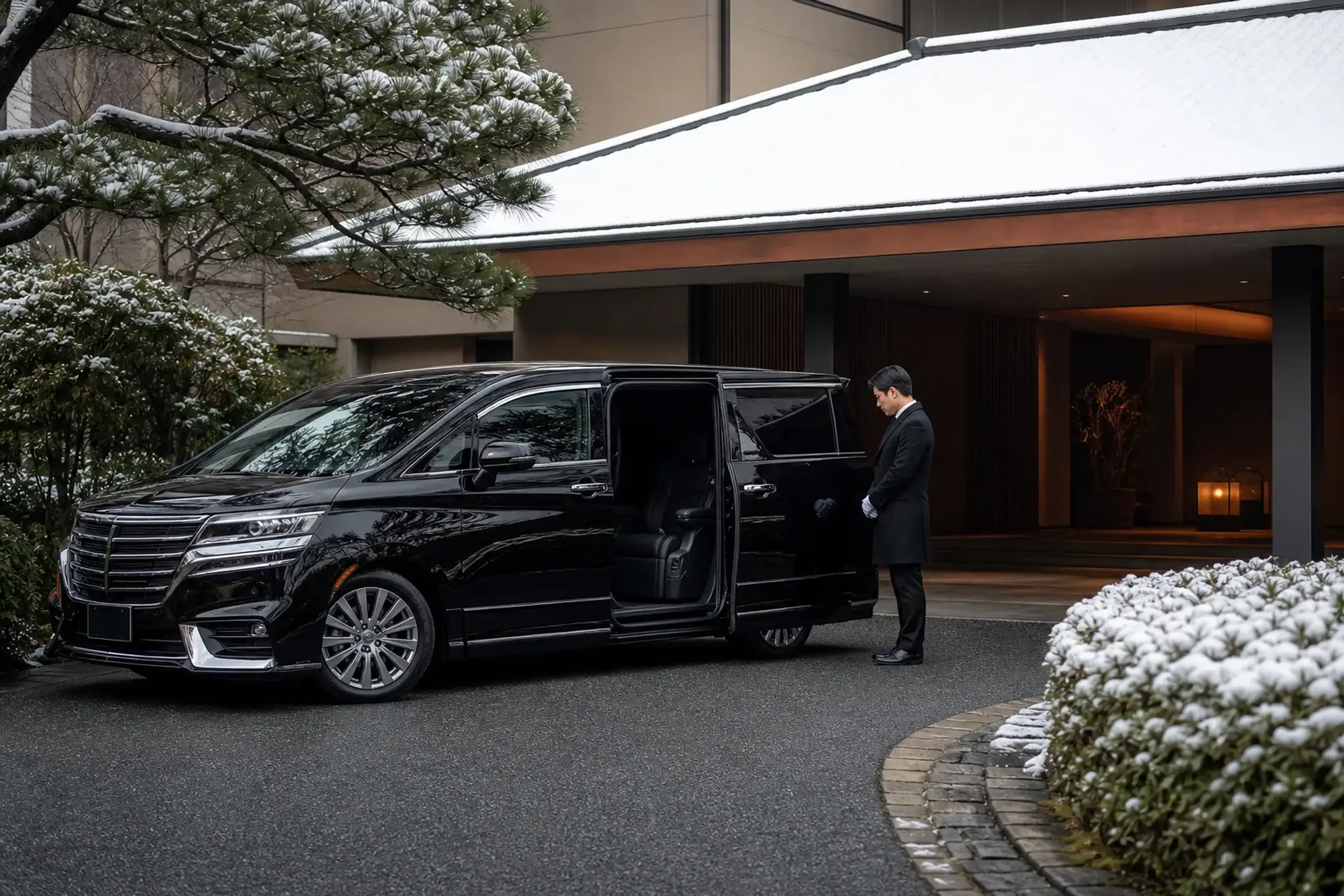 Black luxury minivan waiting outside a quiet Japanese hotel entrance