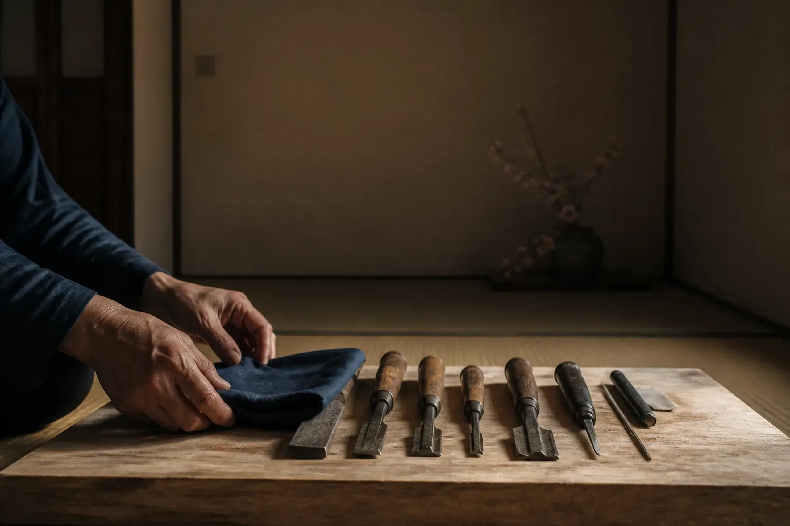 Hands arranging craft tools on a low wooden table in a private room