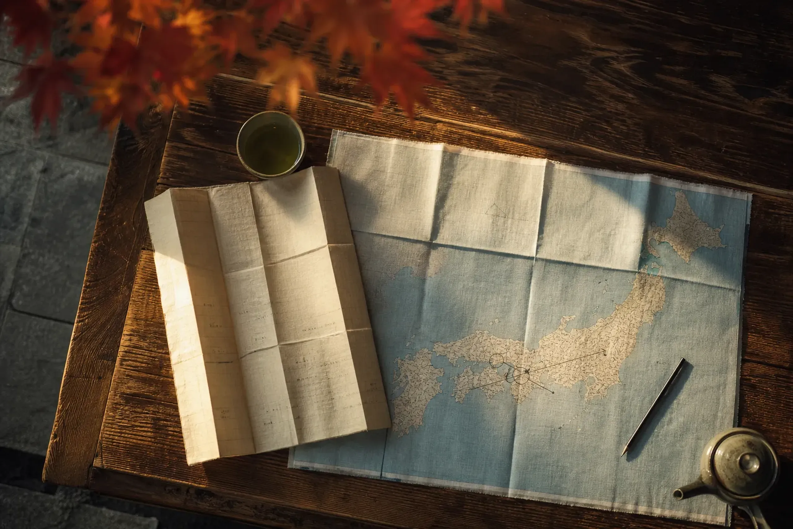 Paper itinerary and map of Japan opened to the Setouchi region on a wooden table
