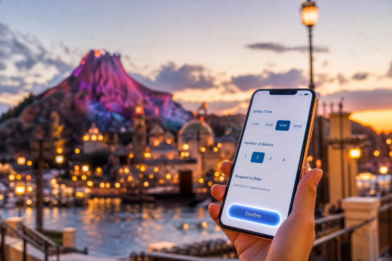 Hand holding a smartphone showing an in-park ride booking app with a blurred attraction behind