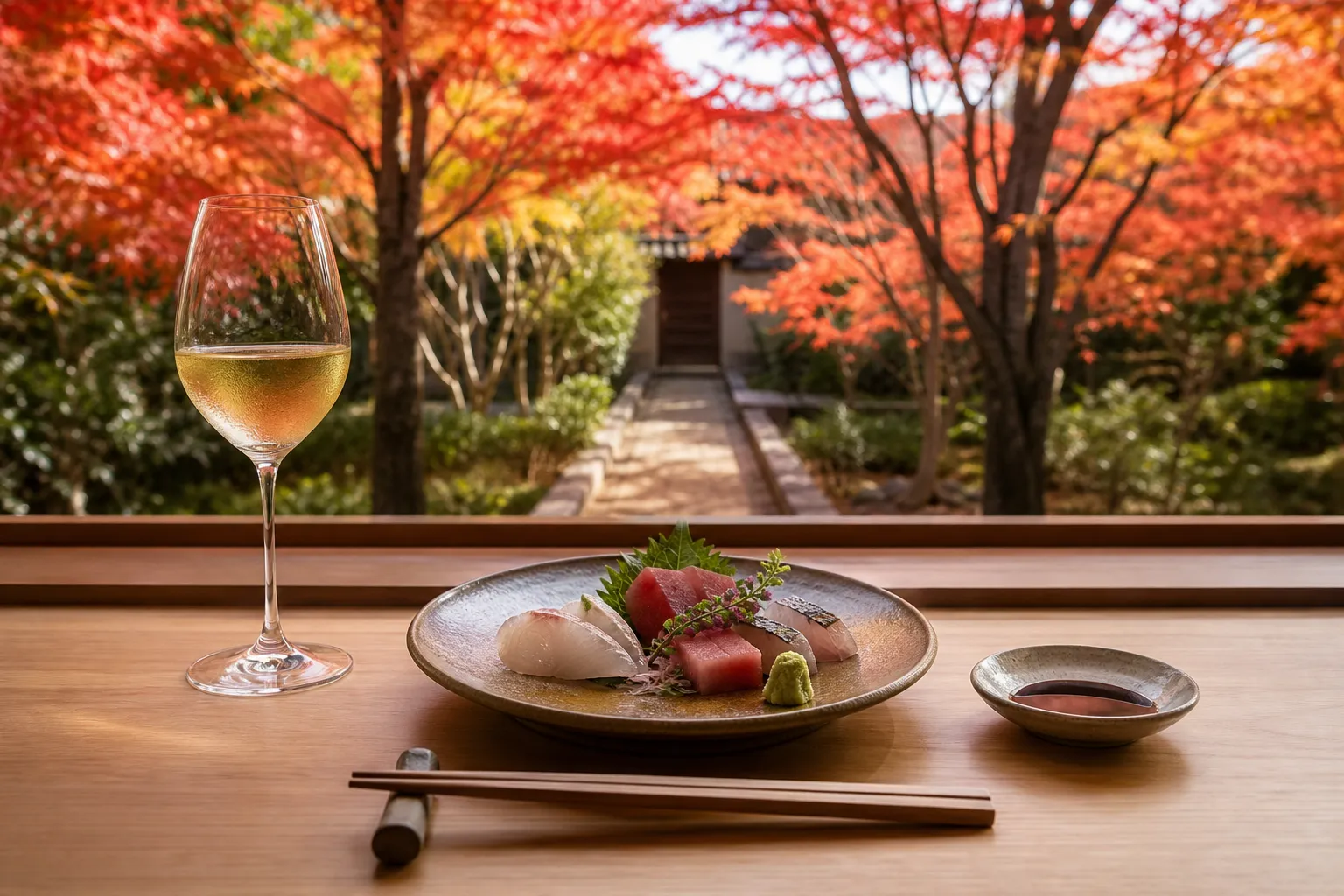 Sashimi paired with a glass of white wine, suited to Koshu-style pairings in Japan