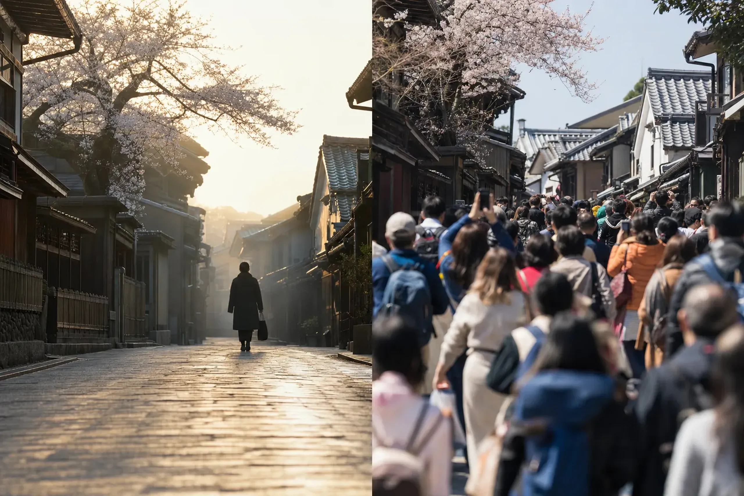 Comparison of quiet early-morning Kyoto street versus crowded midday Kyoto lane