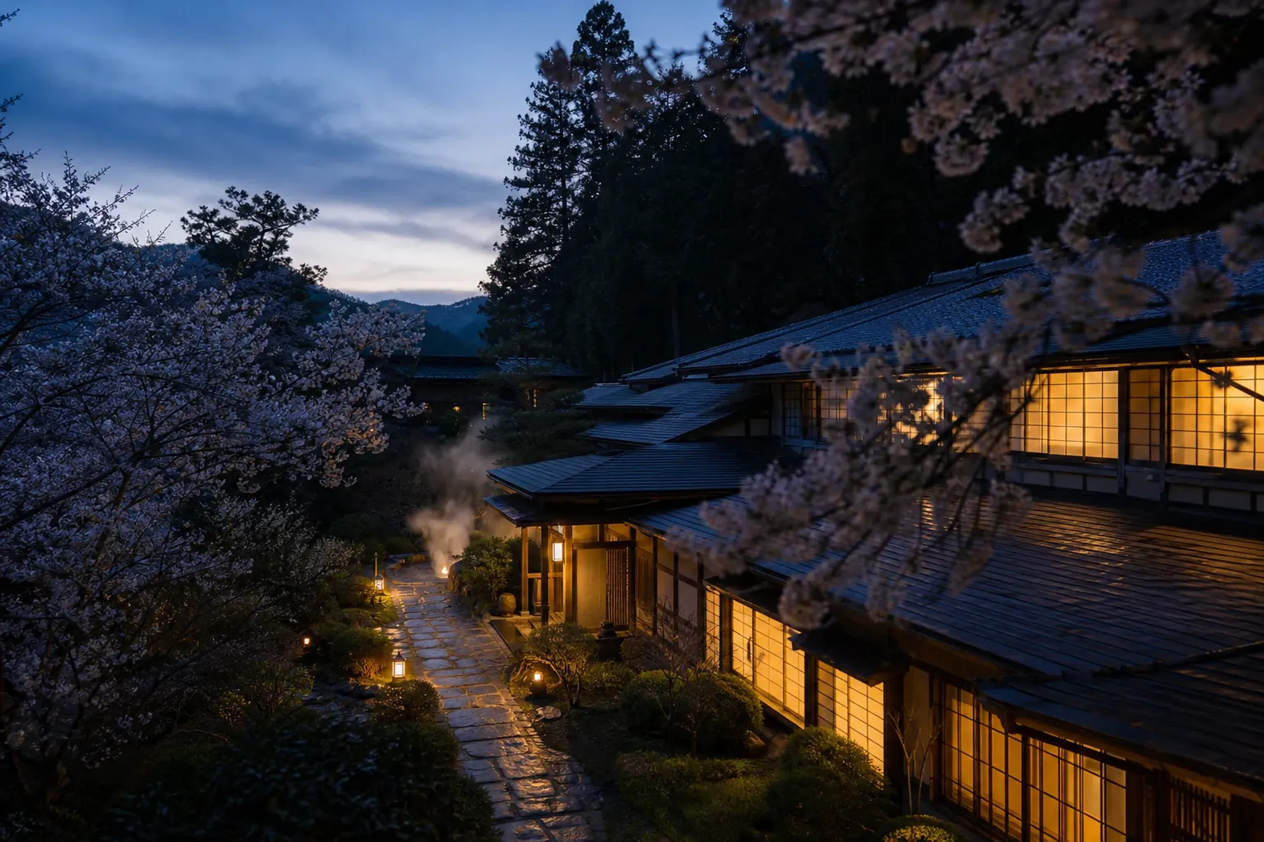Quiet evening view of a ryokan in Hakone with warm lights and stone path