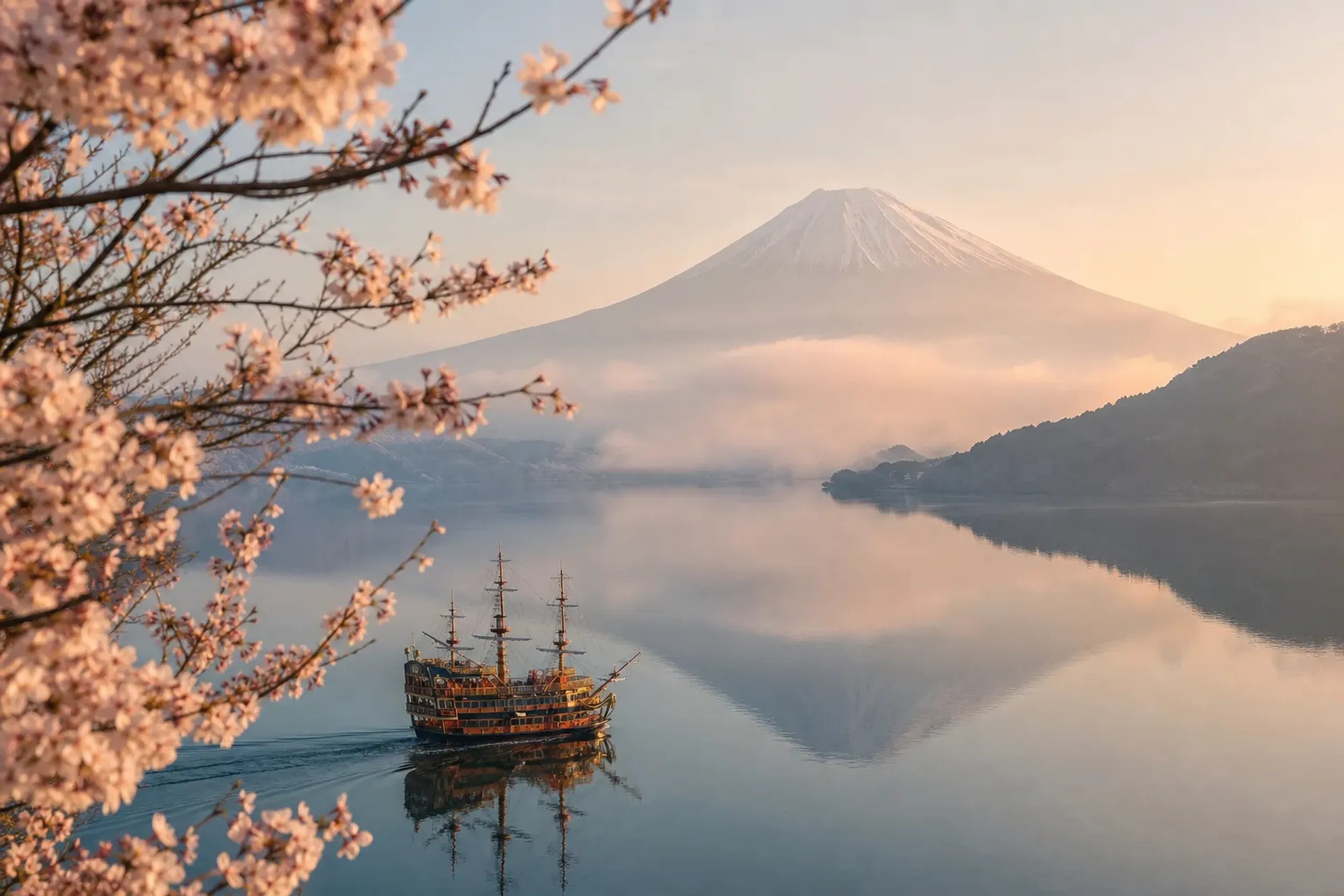 The wooden pirate-style sightseeing boat crossing Lake Ashi in Hakone with Mount Fuji rising in the background at dawn
