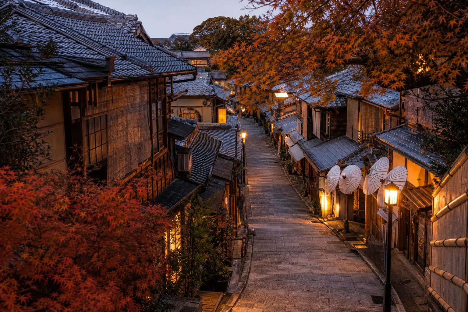 Empty traditional wooden street in Gion Kyoto at early morning light
