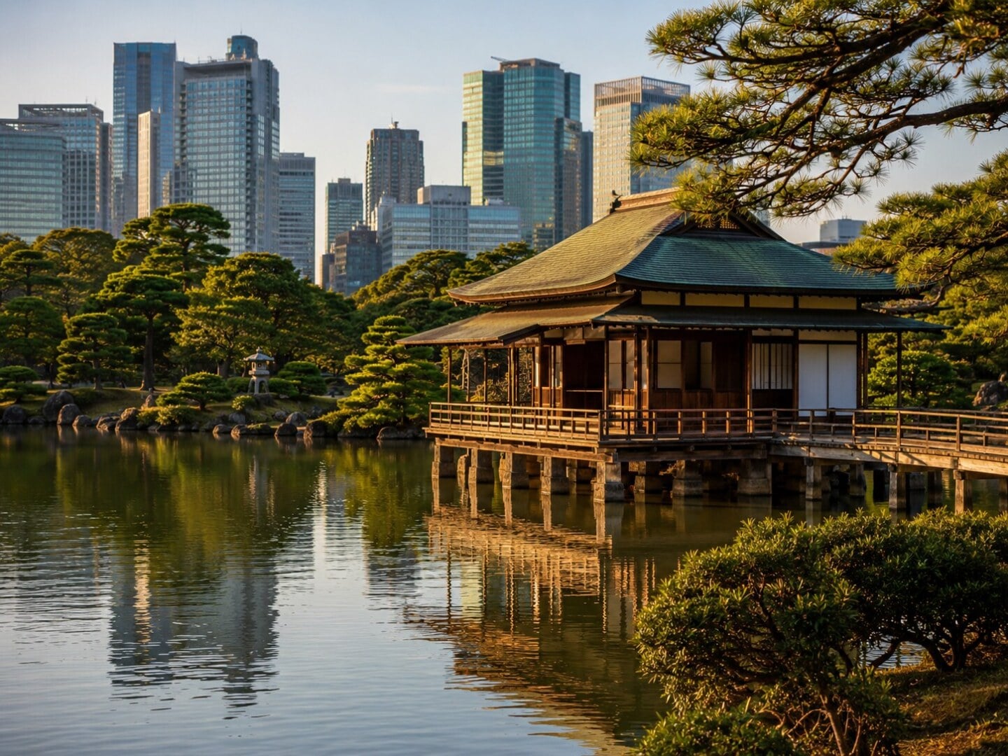 A traditional Japanese tea house on a pond surrounded by pine trees, with a modern city skyline softly visible in the background.