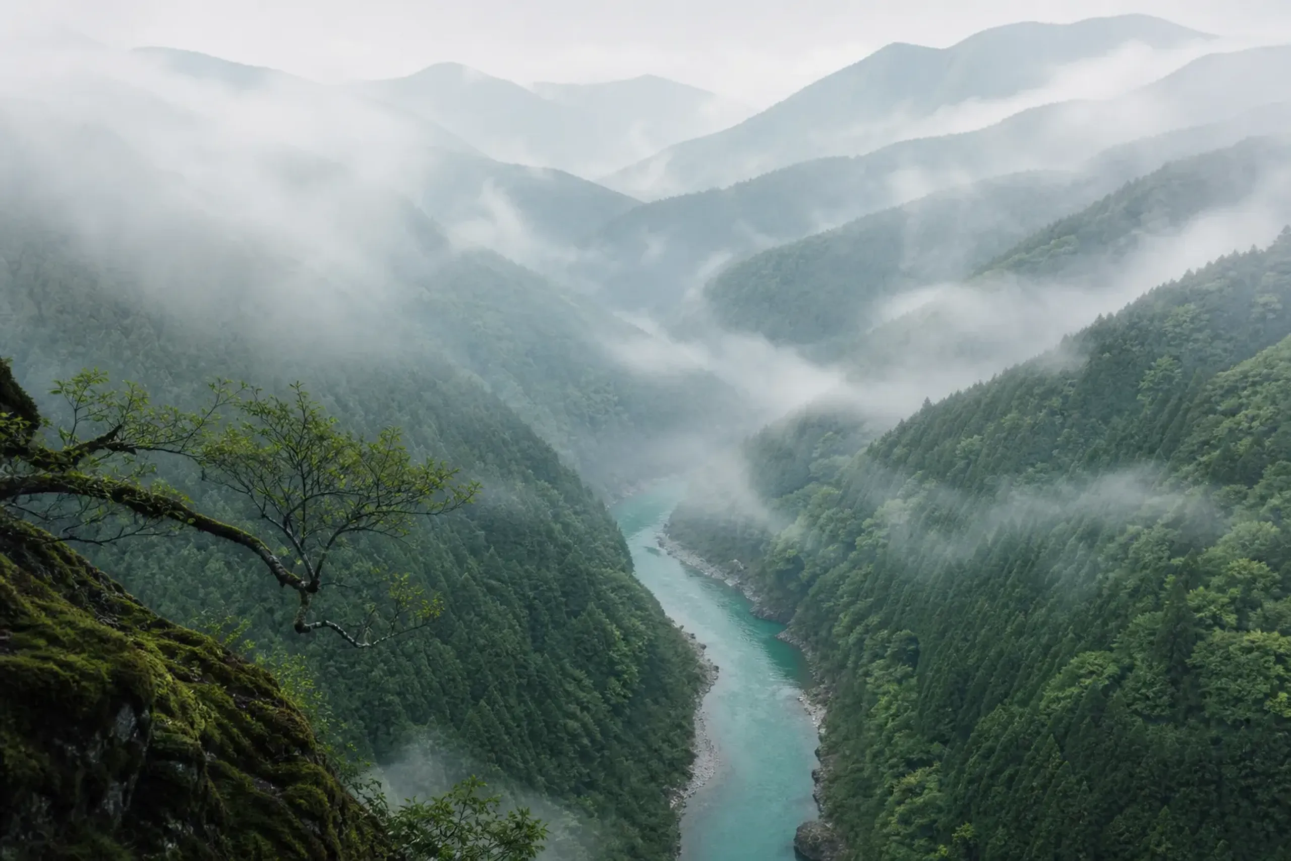 Misty mountain landscape of the Iya Valley in Tokushima with a river below and forested slopes